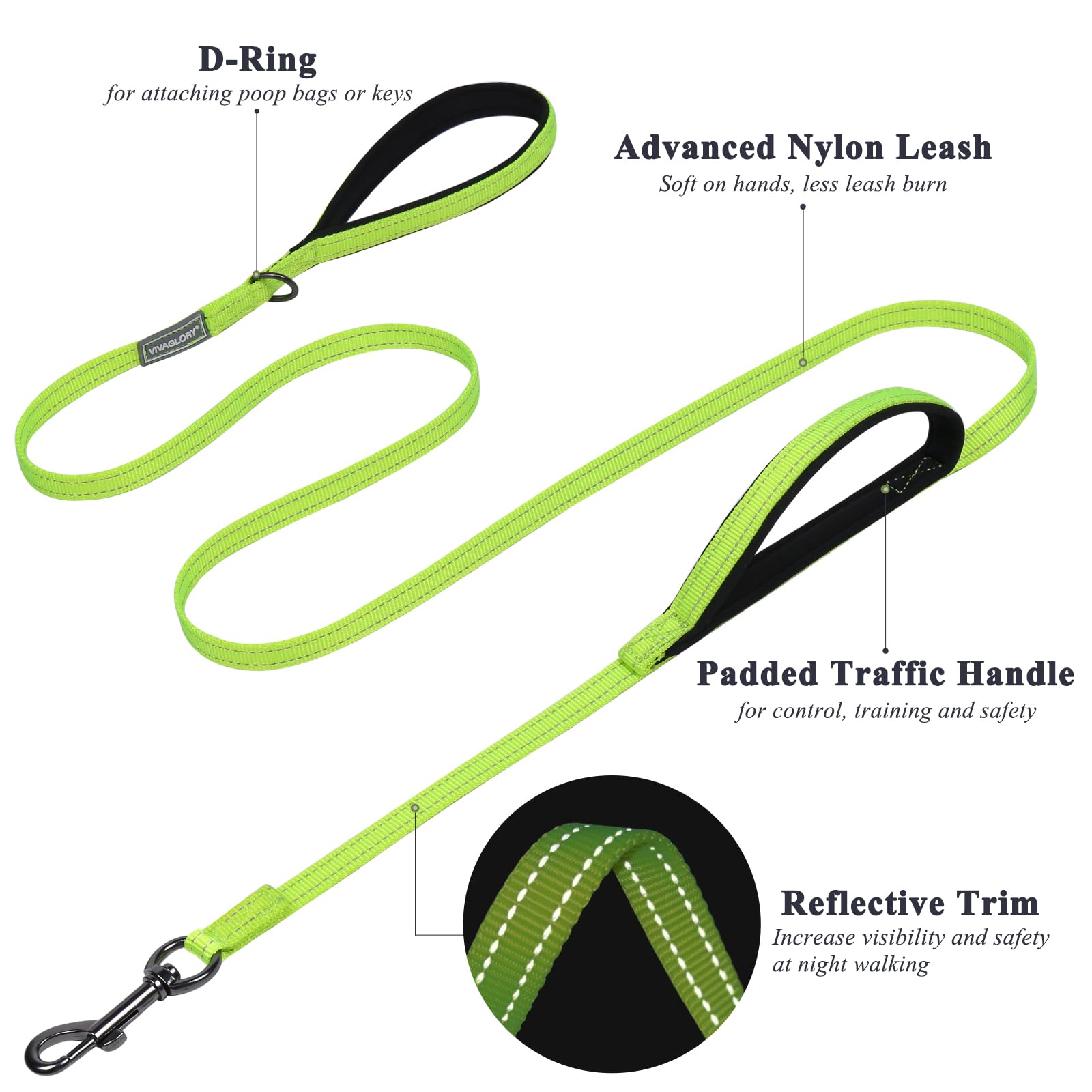 Vivaglory Traffic Handle Dog Leashes, Two Padded Soft Handles Strong Dog Leash, Reflective & Metal Hook Training Pet Lead, Brigh