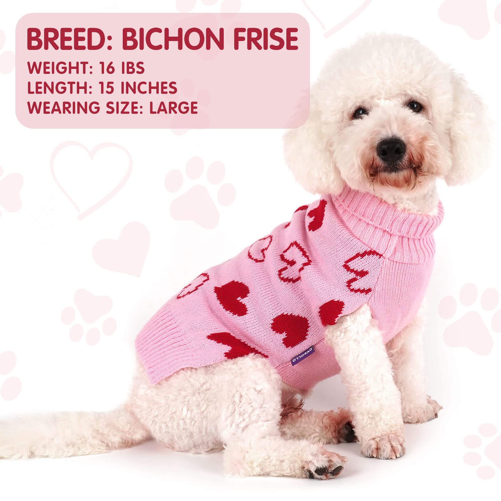 Cyeollo Dog Sweaters For Small Dogs Mothers Day Dog Clothes Heart Pattern Turtleneck With Leash Hole Holiday Outfit Pet Apparel Pullover Sweaters For Dogs Pink