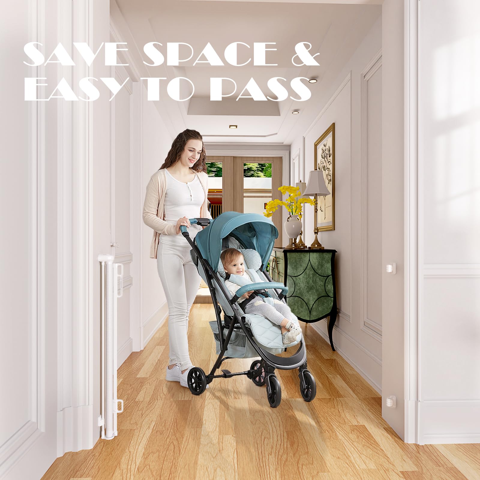 Babepai Retractable Baby Gates Extra Wide | 55 Wide x 38 Tall Dog Gates for Stairs | Indoor/Outdoor Use | Child Gates for Doorwa