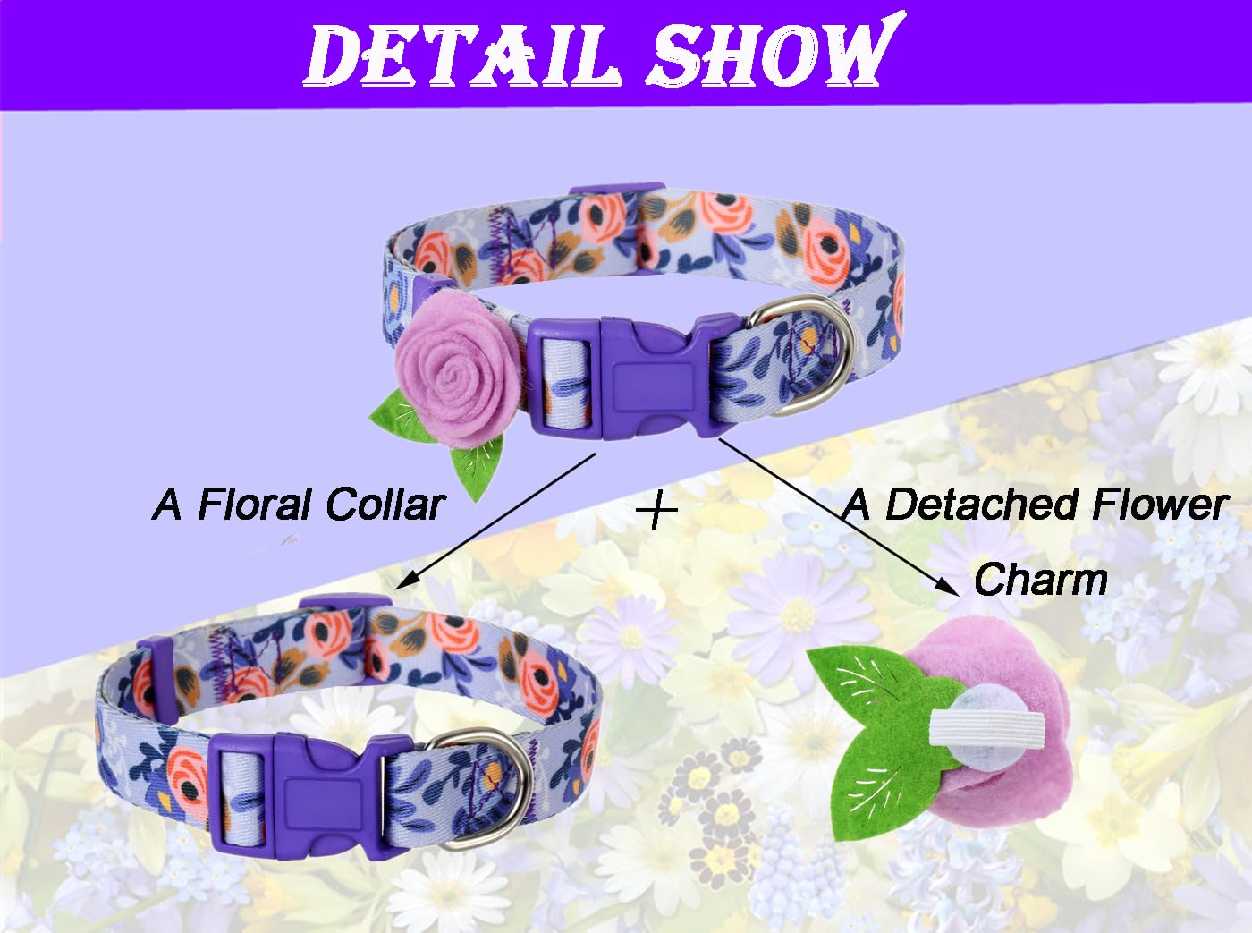 2 Pack Spring Dog Collar For Large Dogs, Quick Release Floral Dog Collar Girl With Flower Bow