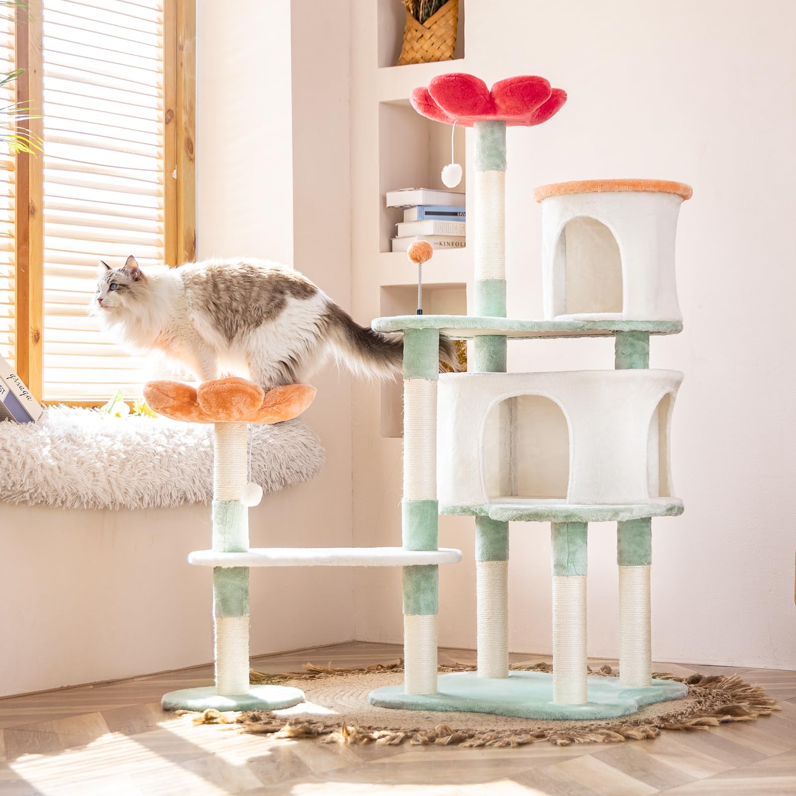 Hyabi 56.3In Flower Design Cat Tree, Foldable Multi-Level Tower For Large Cats, Space-Saving Cat Furniture With Scratching Posts