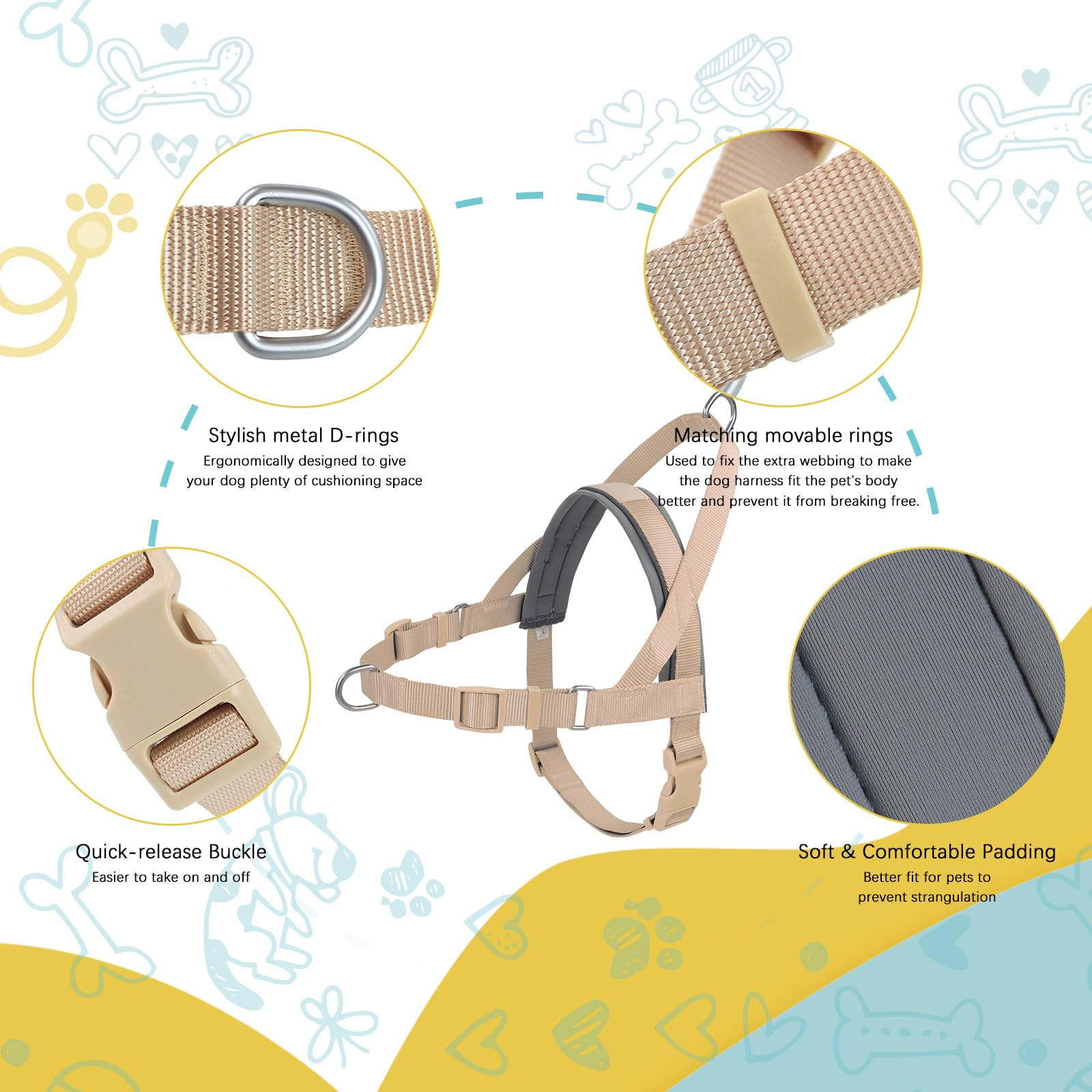 Wisedog No Pull Dog Harness - Adjustable Webbing Dog Halter Harness With Reflective Soft Padded For Large Dogs(Sand Color, L|Nec