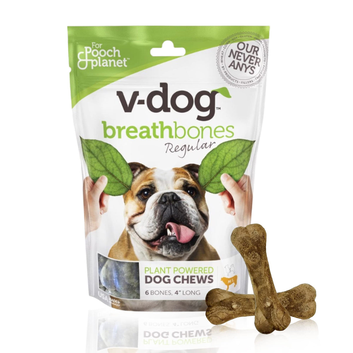 V-Dog Dog Treats - Vegan Breathbone Teeth Cleaning Dental Dog Bones - Fresh Breath - 8 Ounces - All Natural - Made In Usa - 6 Bones - 4' Long - Easy To Digest