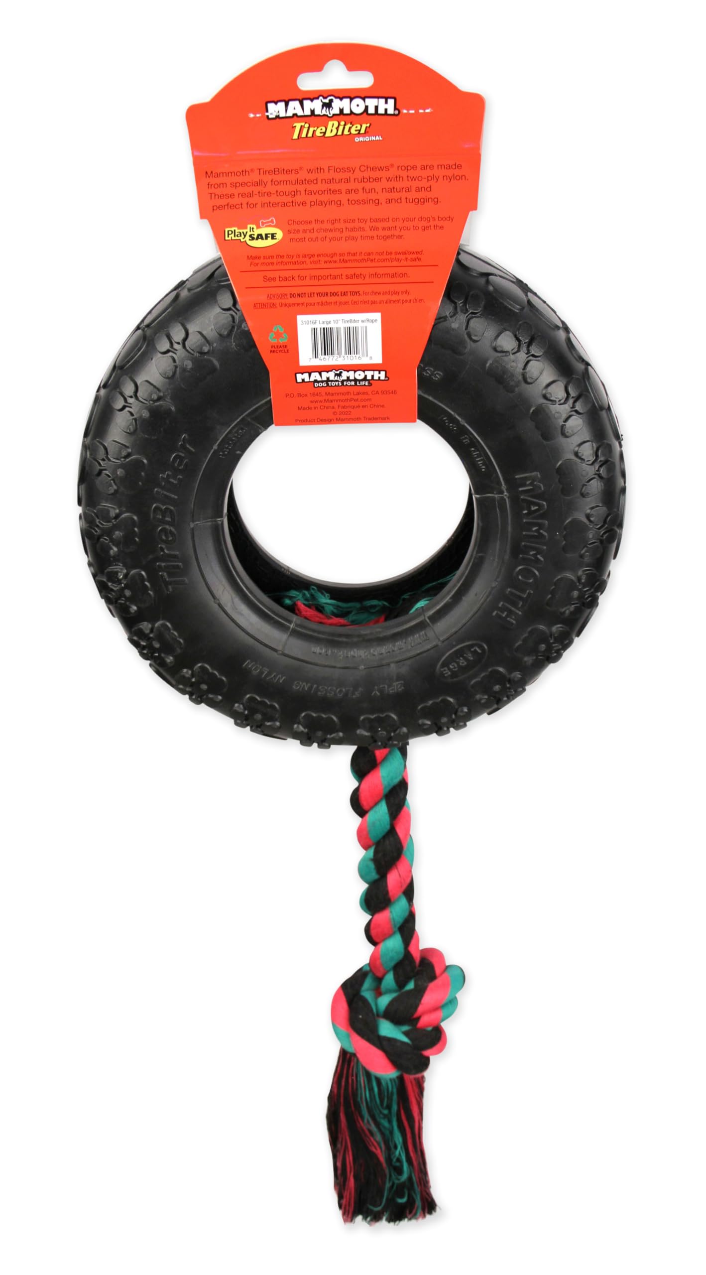 Mammoth Tirebiter Originals With Cotton-Poly Rope – Natural Rubber Dog Toys – Dog Toys For Extra Long Interactive Play – Strong Chewer Toys For All Dog Breeds - Large, 10”