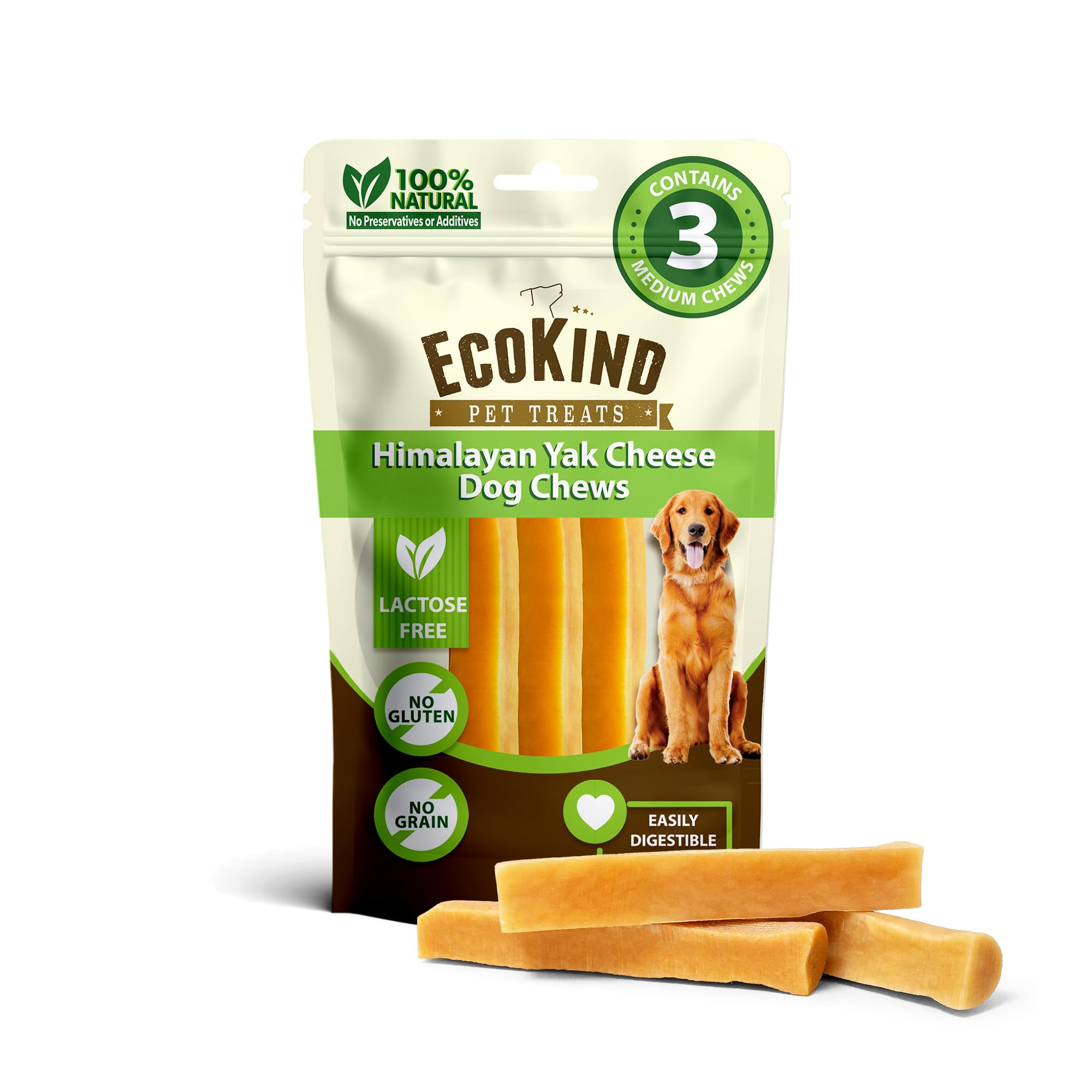 EcoKind Premium Gold Yak Cheese Himalayan Dog Chews, Healthy Dog Treats for Medium Dogs, All Natural, Long Lasting Dog Chew for 