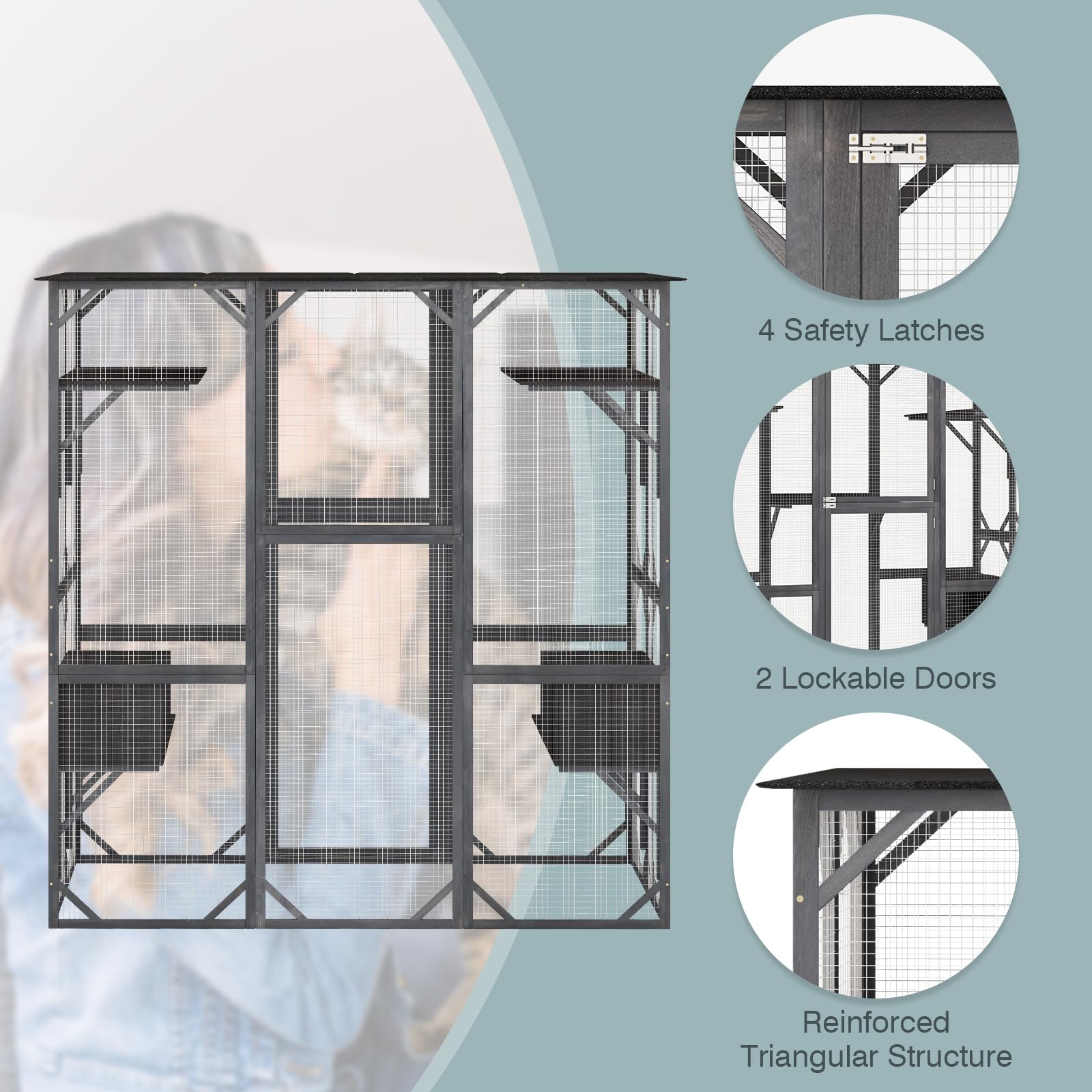 Petsite Large Wooden Cat House, 71 Inch Tall Outdoor Catio Kitten Enclosure W/Weatherproof Asphalt Roof, Walk-In Cat Kennel Cond