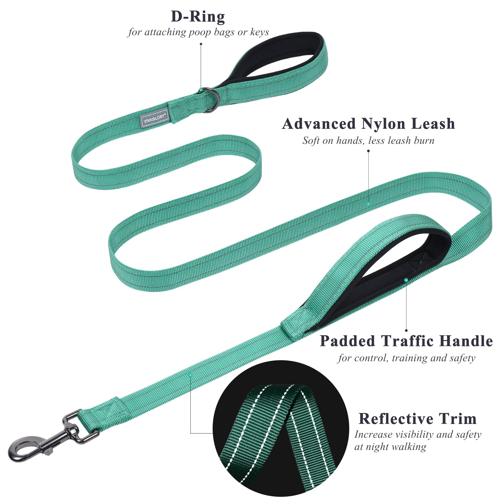 Vivaglory Traffic Handle Dog Leash, Two Padded Soft Handles Dog Leash, Strong Reflective & Metal Hook Training Dog Lead, Turquoise
