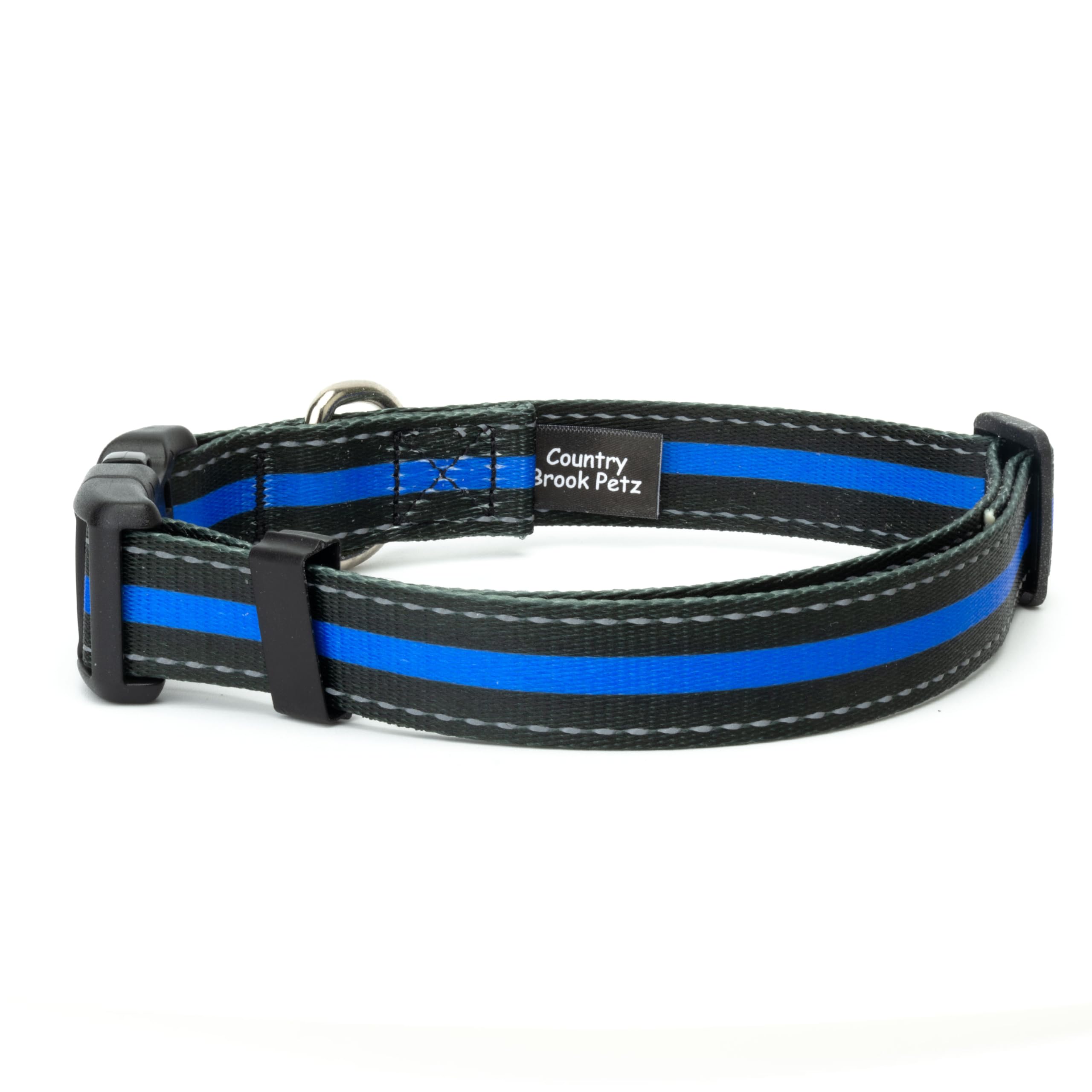 Country Brook Petz - Deluxe Thin Blue Line Reflective Dog Collar - Collection Featuring Night Safe Designs (5/8 Inch, Small)