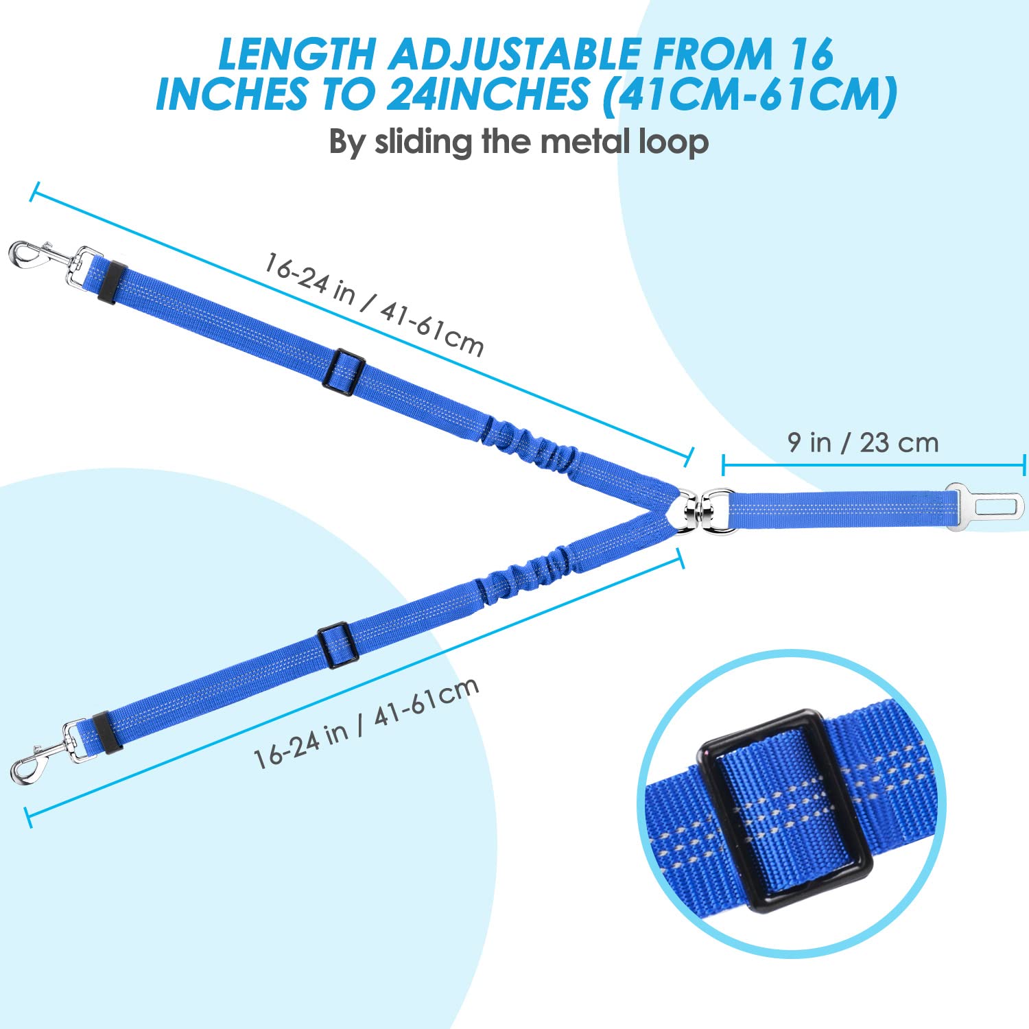 Slowton Dog Seat Belt, Double Dog Seatbelt Adjustable Vehicle Safety Leash With Elastic Bungee Buffer, Reflective No Tangle Y Shape Two Dog Harness Seat Belt Splitter For Pets Car Trip (Light Blue, S)