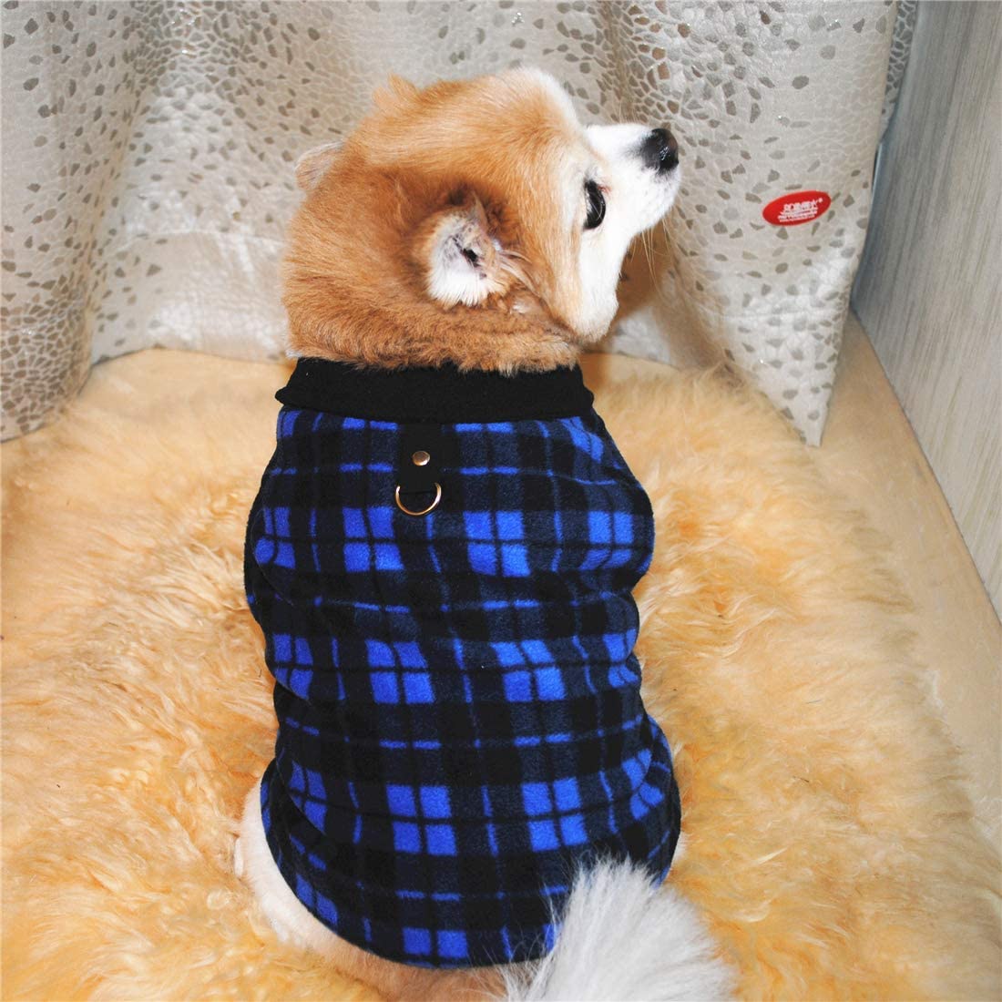 Pixriy Dog Sweater, Soft Fleece Vest With Leash Ring Pullover Jacket Winter Pet Dog Clothes For Puppy Small Dogs Cats Teddy Chihuahua Yorkshire For Christmas (L, Blue Plaid)