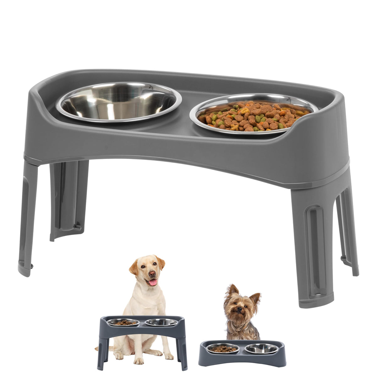 Iris Usa Elevated Dog Bowls, Adjustable Height, 2 Thick 64 Oz Stainless Steel Bowls, Spill-Proof With Raised Outer Rim, Durable Made In Usa Plastic, Easy Assemble, 2 Heights 4.63' Or 12.25' Dark Gray