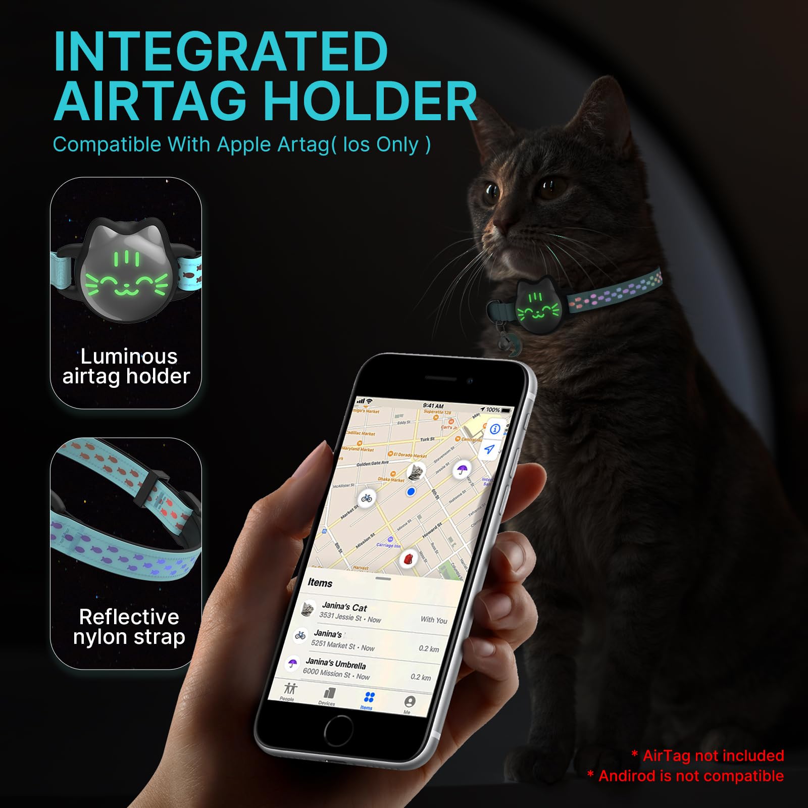Waterproof Airtag Cat Collar, Breakaway Cat Airtag Collar With Luminous & Reflective Pattern Strap, Lightweight Kitten Collar For Apple Air Tag, Hidden Holder For Gps Tracker - Cats, Kittens (9-13')