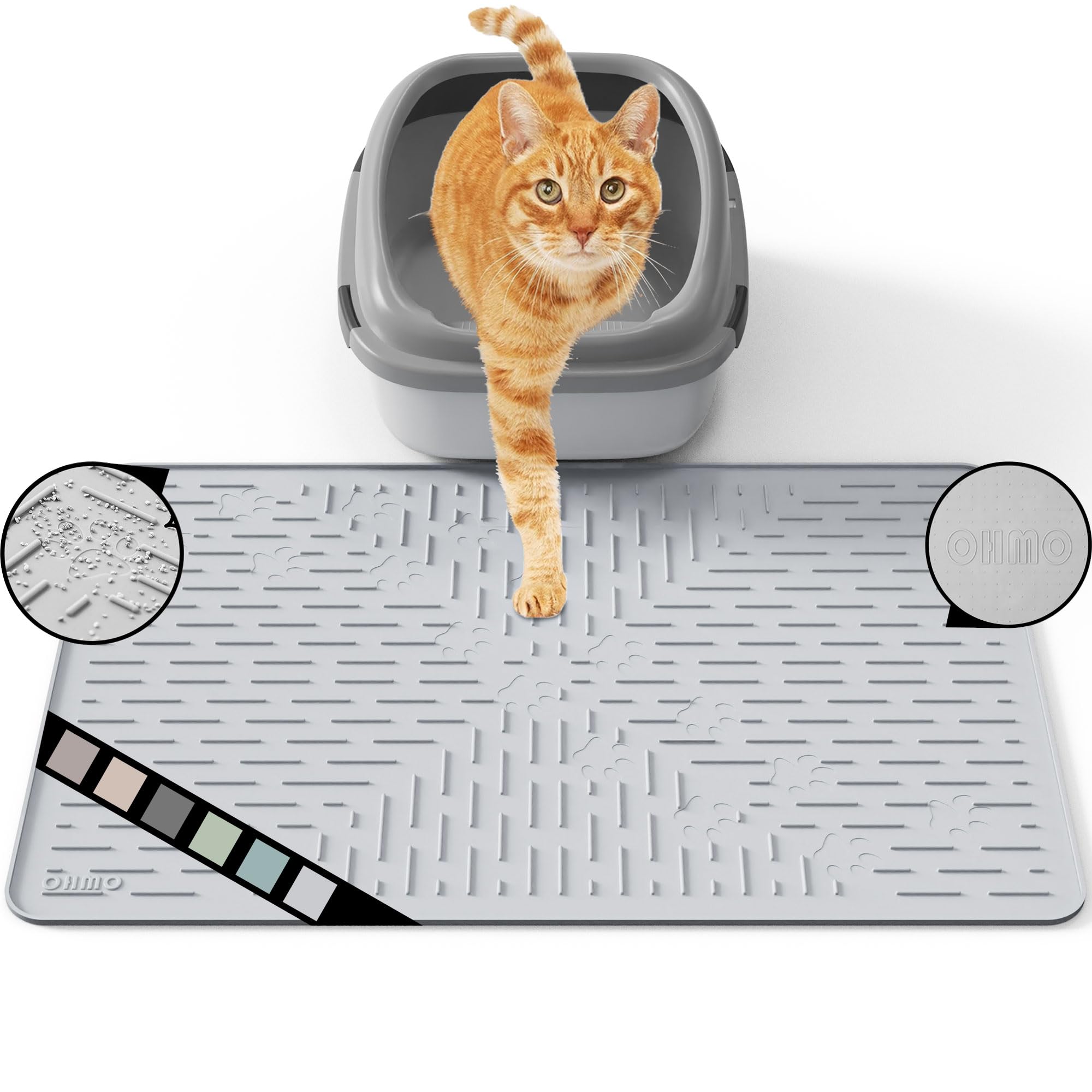 OHMO Cat Litter Mat Trapping Mat Premium Silicone Rubber 23.5x16 Ash, Waterproof and BPA Free Kitty Litter Box Mat, Easy to Clea