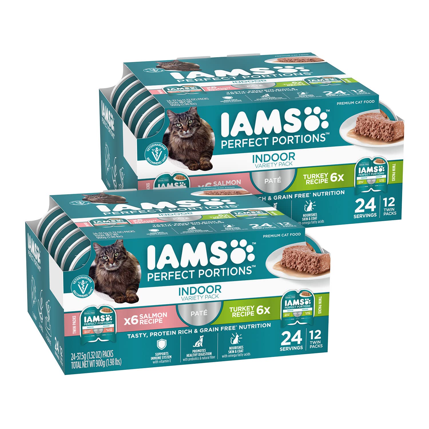 IAMS PERFECT PORTIONS Indoor Adult Grain Free* Wet Cat Food Pate Variety Pack, Salmon Recipe and Turkey Recipe, 2.6 oz. Easy Pee