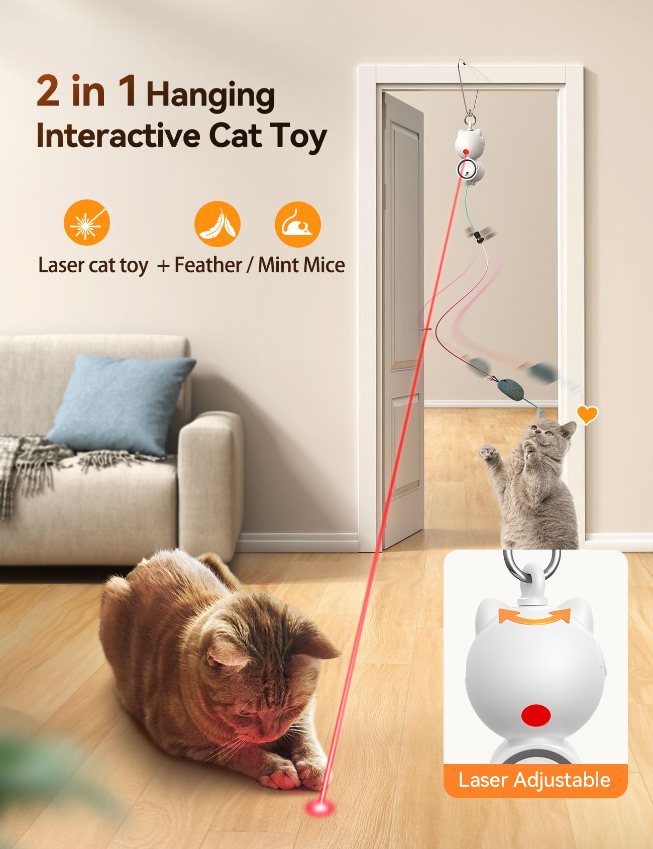 Feelneedy Laser Cat Toys For Indoor Cats, Interactive Cat Toy Led Light Hanging, Cats Wand Toy Feather, Feather & Mouse For Bore