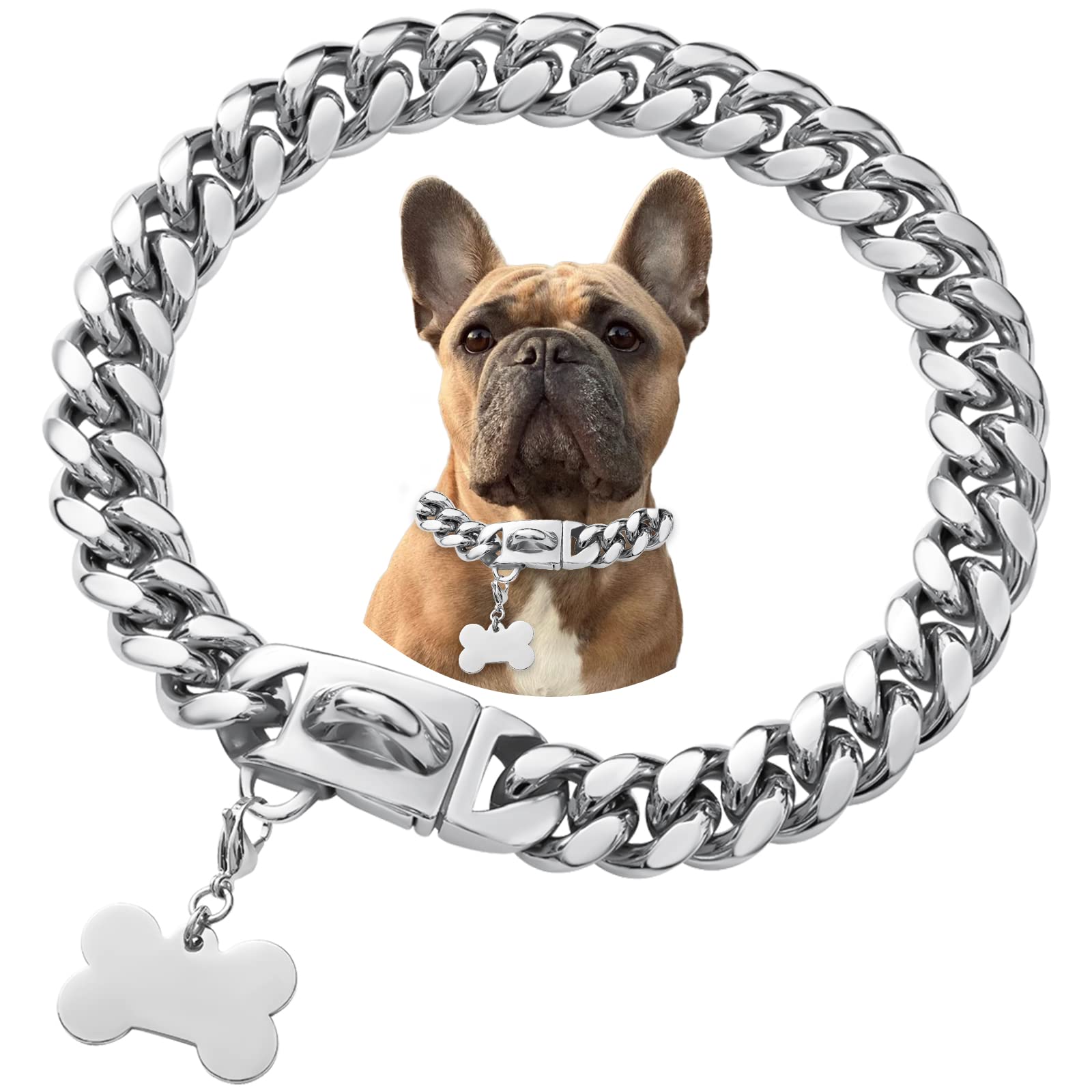 Stainless Steel Silver Cuban Link Curb Dog Collar, Heavy Duty Bulldog Jewelry Dog Necklace