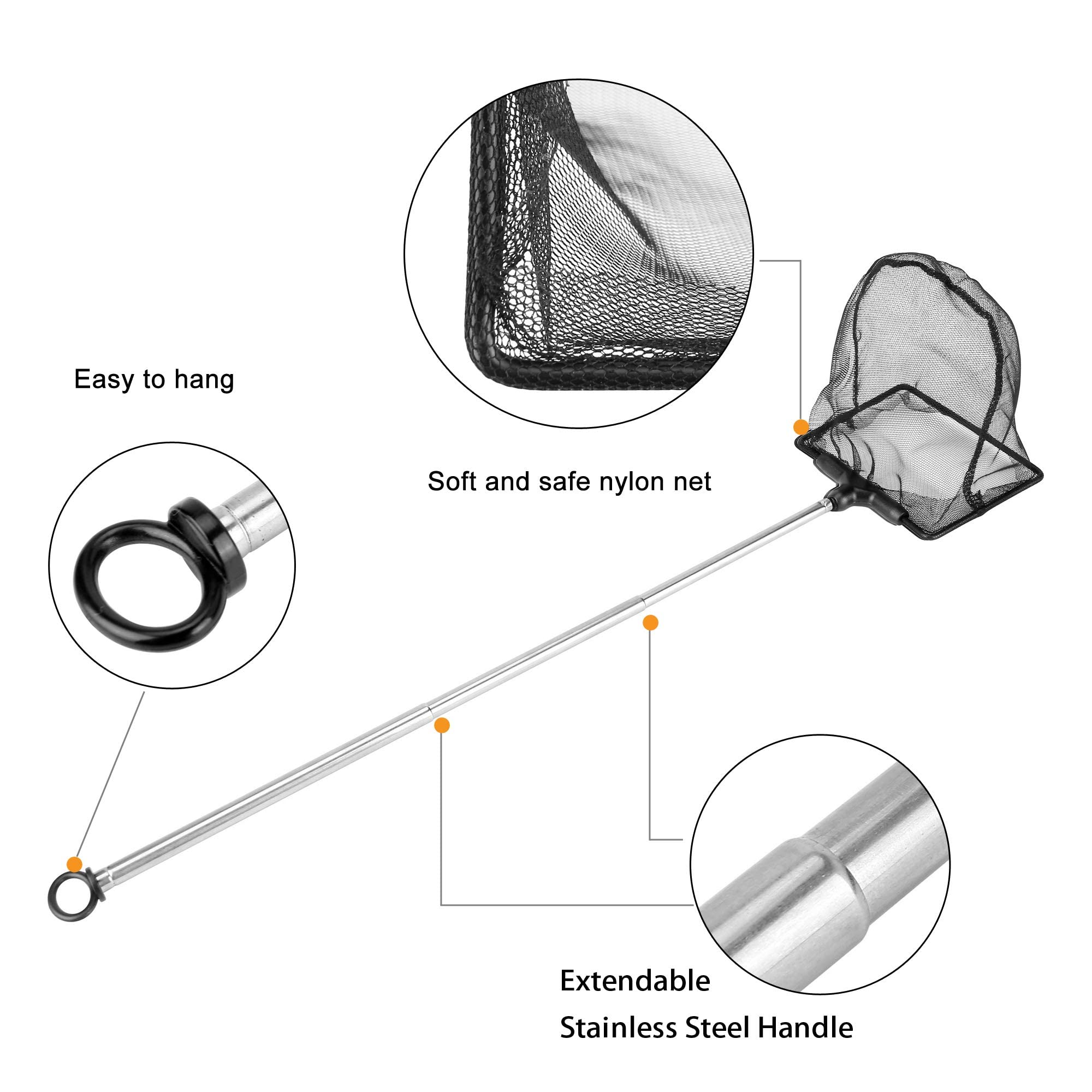 Filhome Aquarium Fish Net with Extendable Stainless Steel Long Handle, Fine Mesh Fish Net for Fish Tank, Betta Fish Net (4 inch)