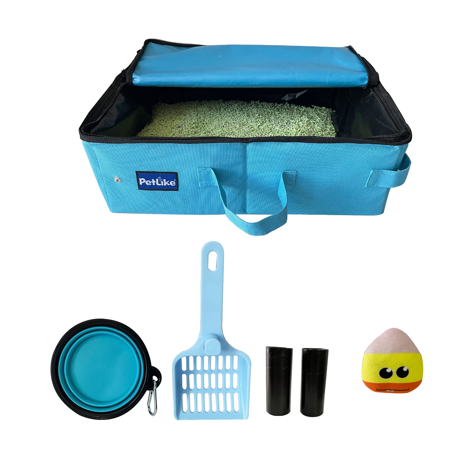 Petlike Travel Cat Litter Box, Leak-Proof Portable Litter Box, Collapsible Toilet Tray Carrier For Small Medium Cats (Medium, Aqua Set)