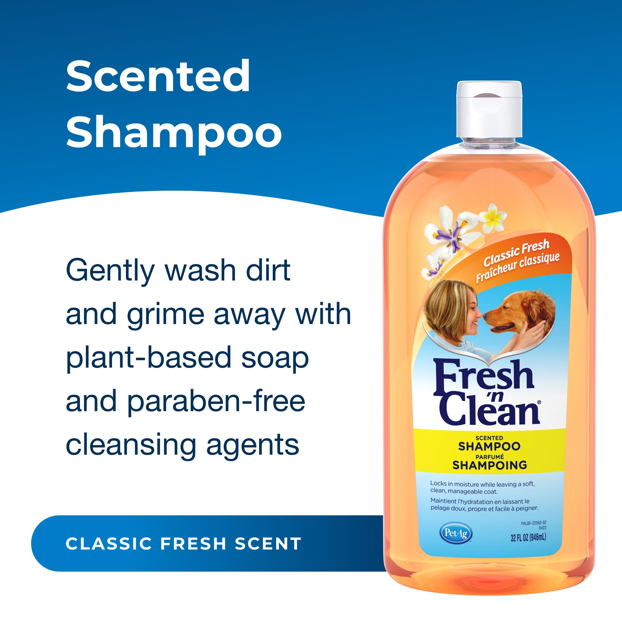 Petag Fresh ’N Clean Scented Shampoo, Classic Fresh Scent - 32 Oz - Moisturizes With Vitamin E & Aloe Vera - Strengthens & Repairs Coats - Soap Free