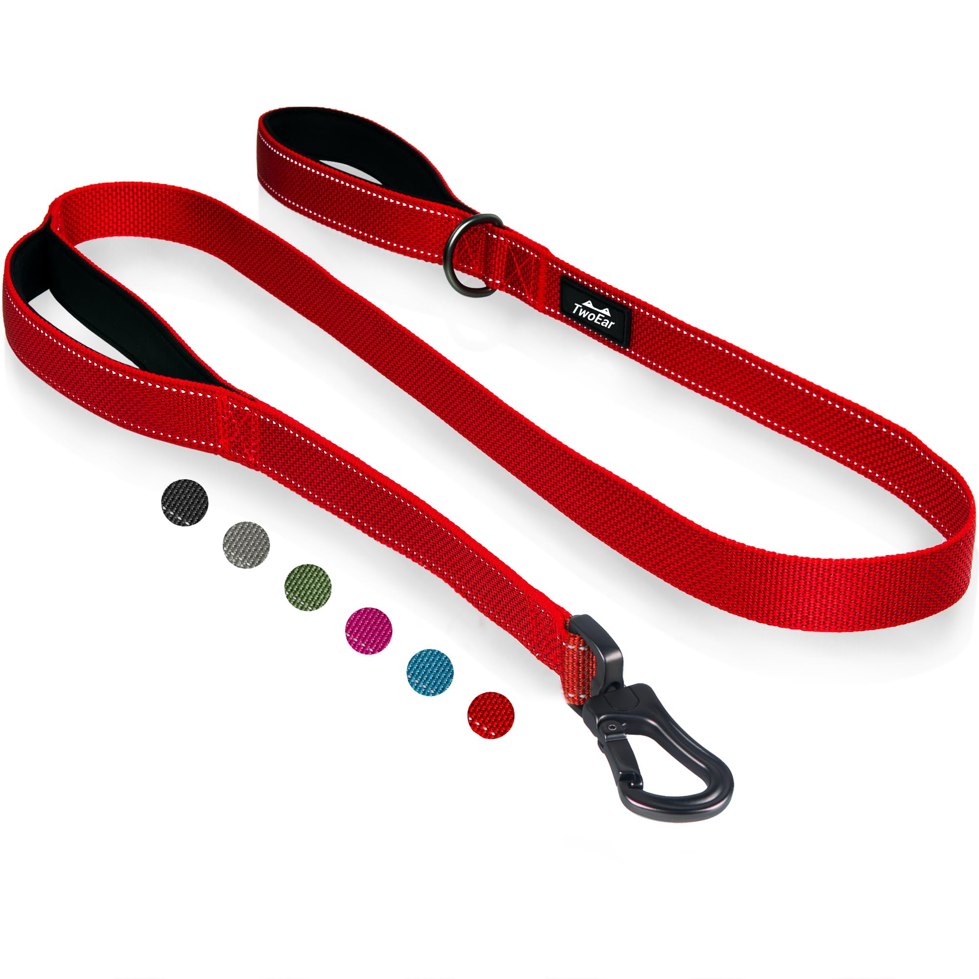 TwoEar Red Dog Leash - 4FT 1IN Nylon with 2 Padded Handles & Traffic Control for Small, Medium & Large Dogs