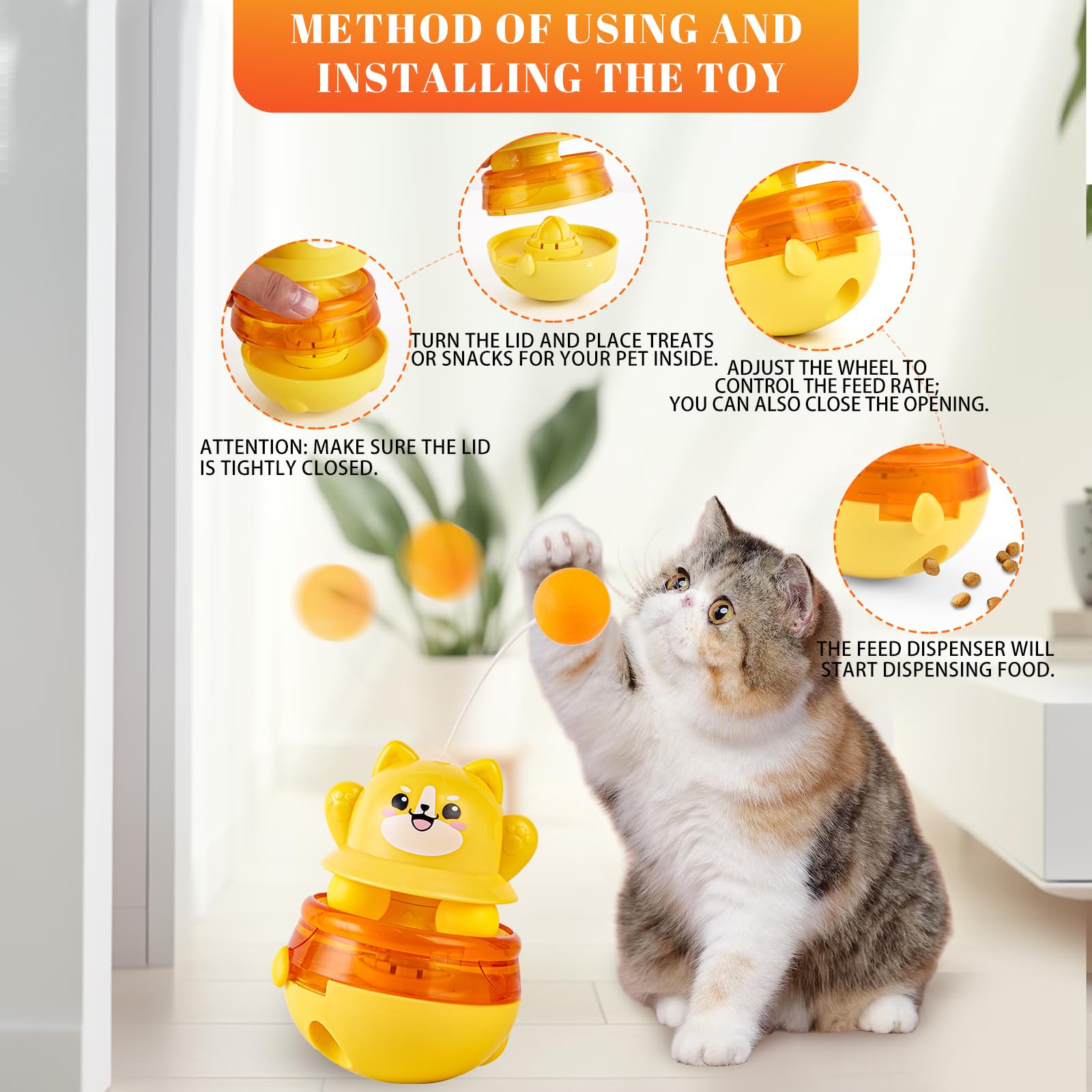 DONHUCHEP Interactive Cat Wobble Toy with Teaser Wand, Treat Dispensing Puzzle Feeder (No Treats Included), Enrichment Toy for I