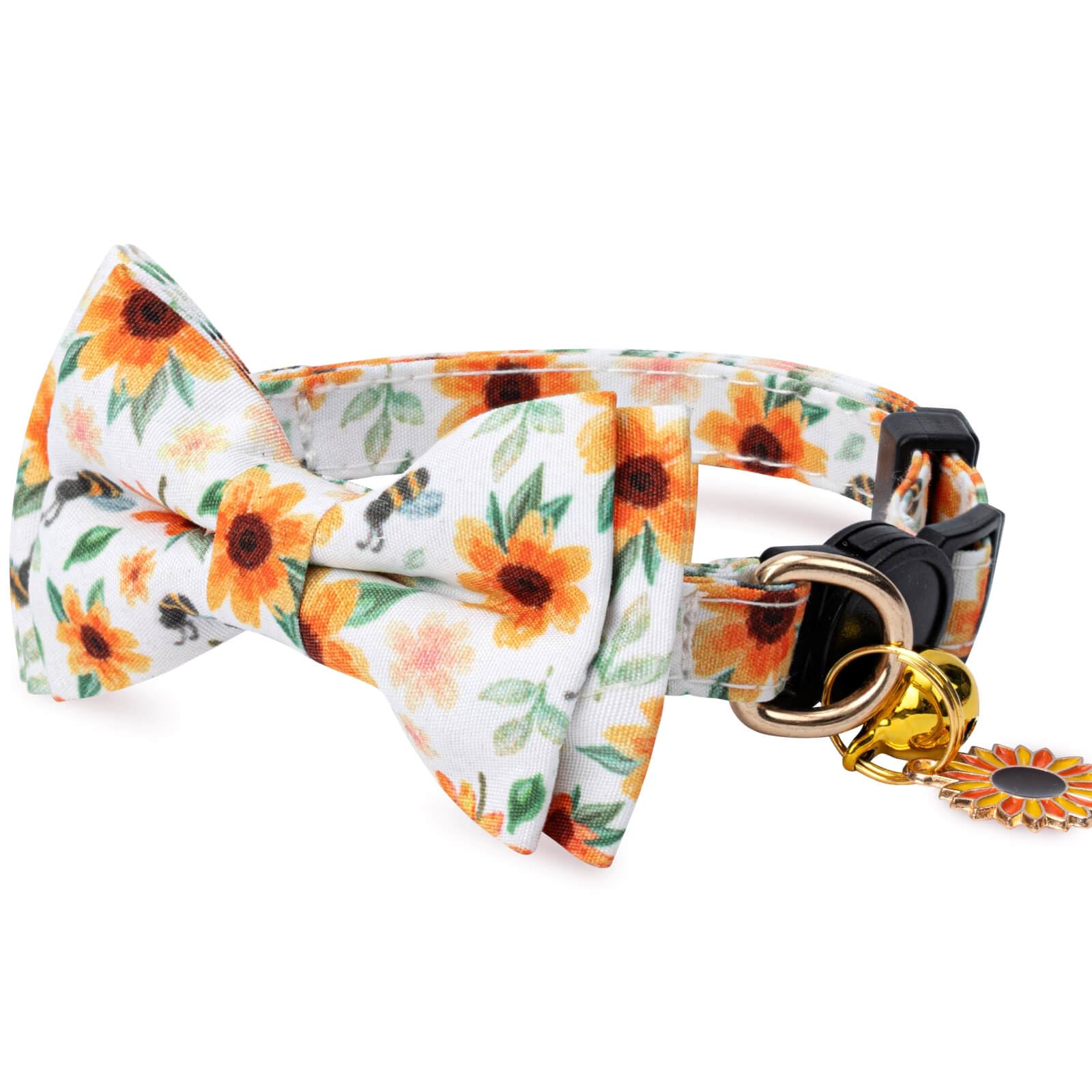 Jelwuion 2 Pack Cotton Cat Collar With Bow Tie And Bell For Girl Boy Cats,Cute Pink Flower And Yellow Sunflower Pattern Spring S