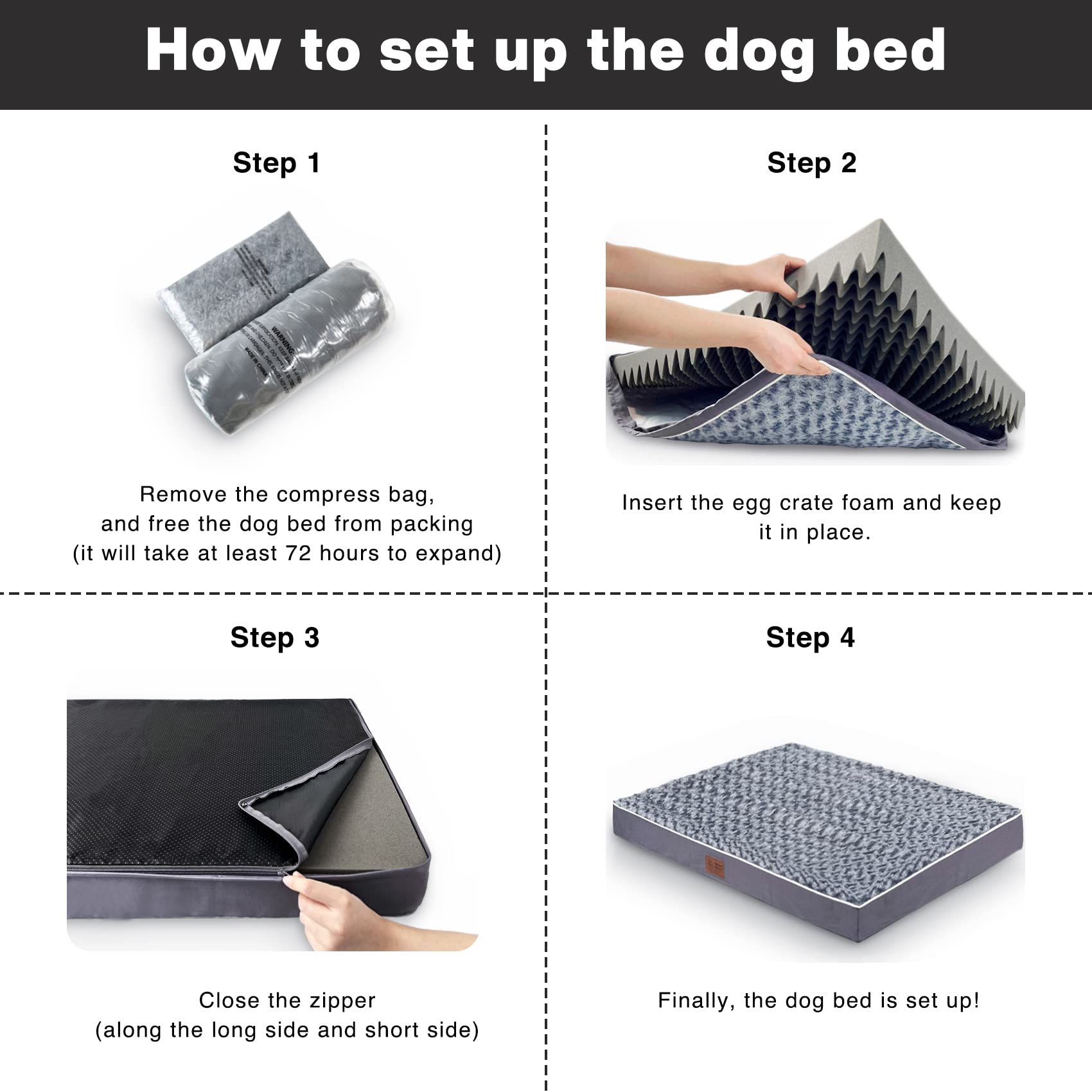 WESTERN HOME Large Dog Bed - Orthopedic Waterproof Mattress, Grey, L(36"x27"x3"), Thick Egg Crate Foam, Non-Slip Bottom