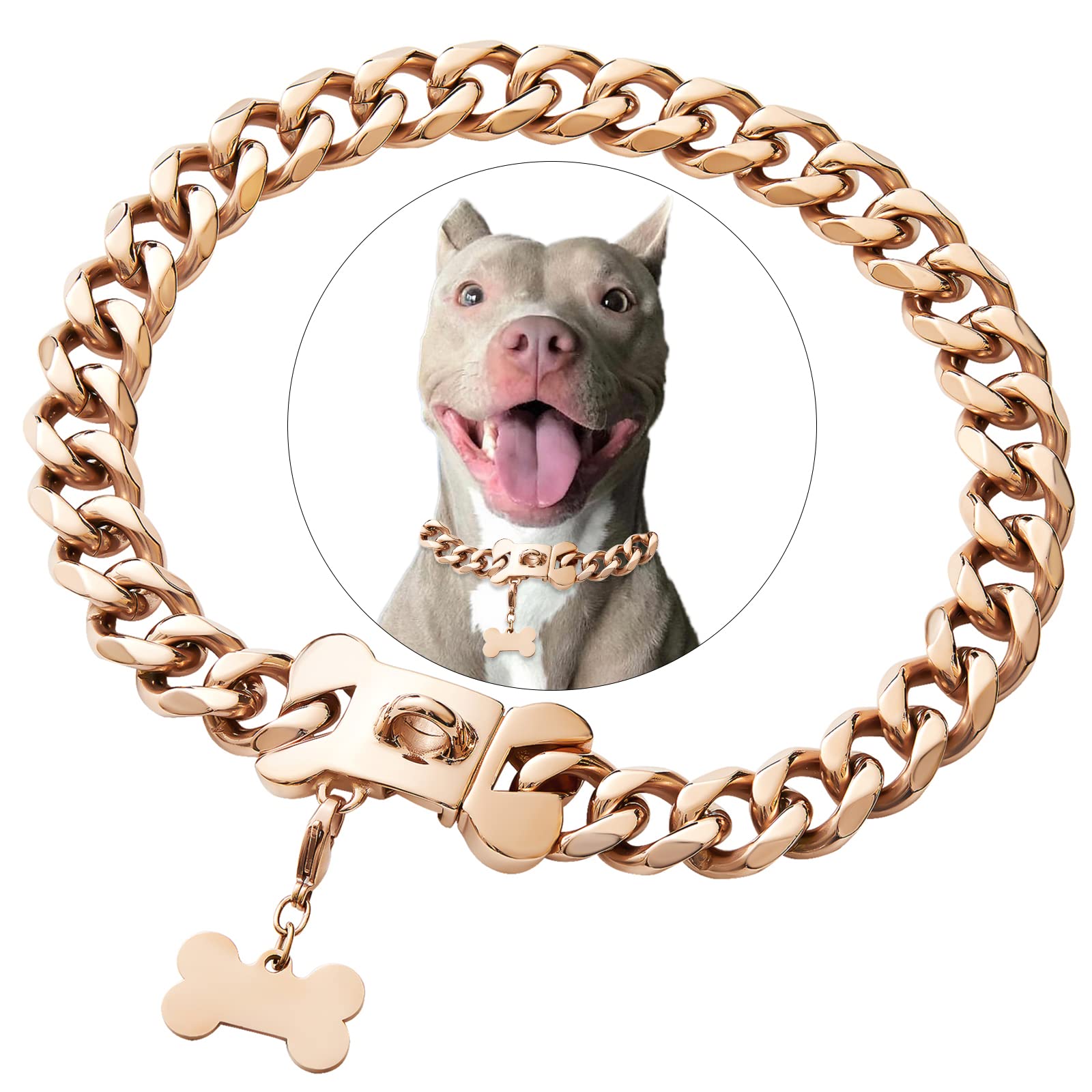 Rose Gold Stainless Steel Cuban Link Heavy Duty Dog Collar For Small Medium Large Dogs, American Bully French Bulldog Dog Collar