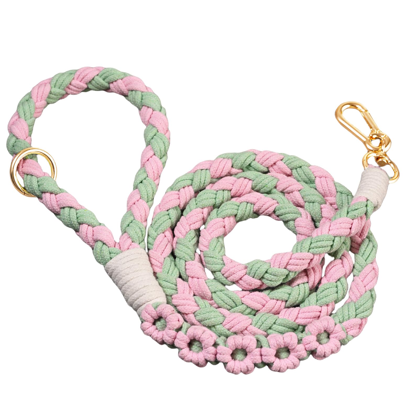 Handmade 5Ft Braided Cotton Dog Leash With Unique Floral Handle, Durable And Stylish, Ideal For Small To Large Dogs, Pink & Gree