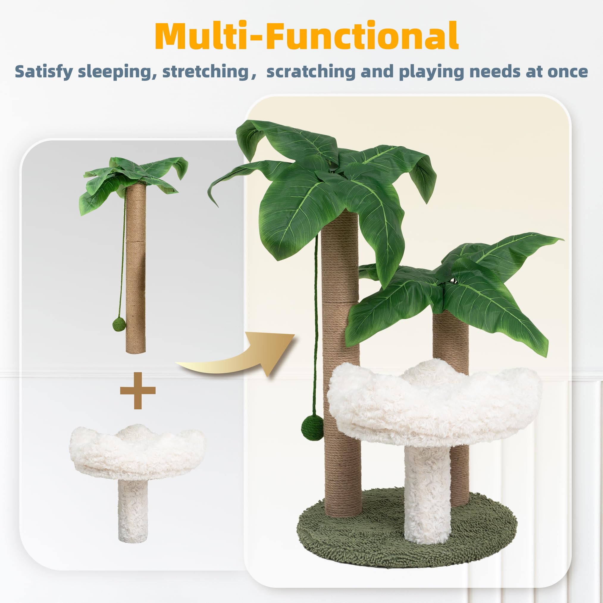 Cat Scratching Post Palm Tree with Bed Cloud Cute Cat Tree for Indoor Large Cats 3 Scratching Poles Sisal Hanging Balls for Cat
