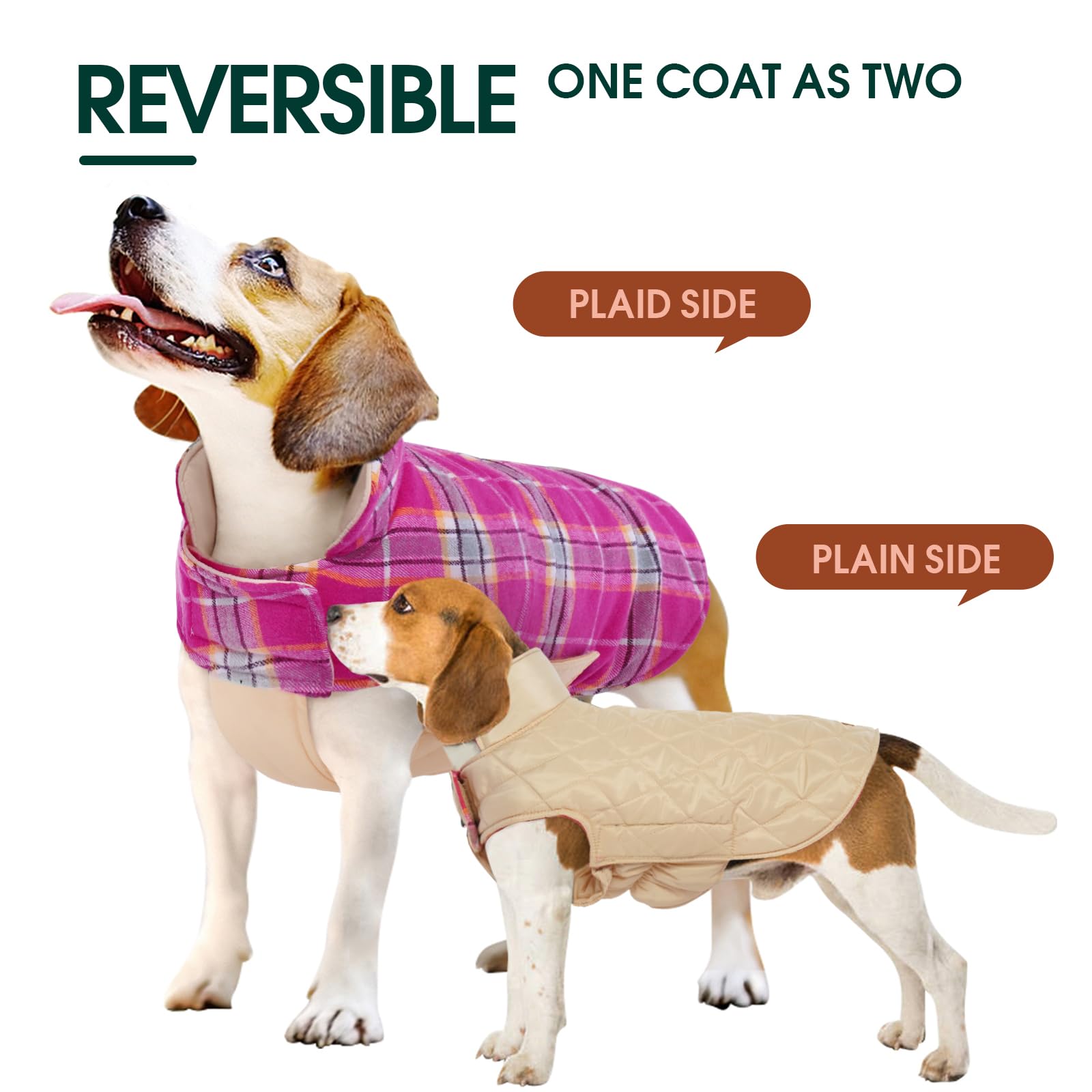 Kuoser Warm Dog Coat, Reversible Dog Jacket Waterproof Dog Winter Coat British Style Plaid Dog Clothes Pet Dog Cold Weather Coats Cozy Snow Jacket Vest For Small Medium Large Dogs Christmas Rose L