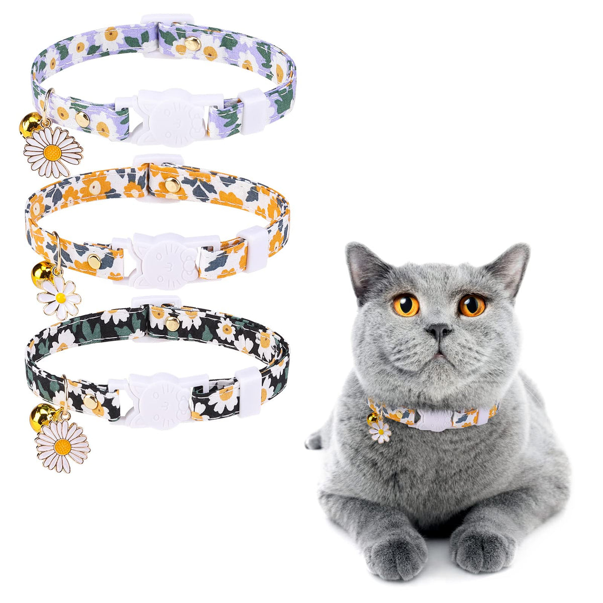 Dillybud 3 Pack Breakaway Cat Collars With Bell- Flower Pendant Spring Cat Collar For Girl Boy Cats With Safety Buckle- Cute Kit