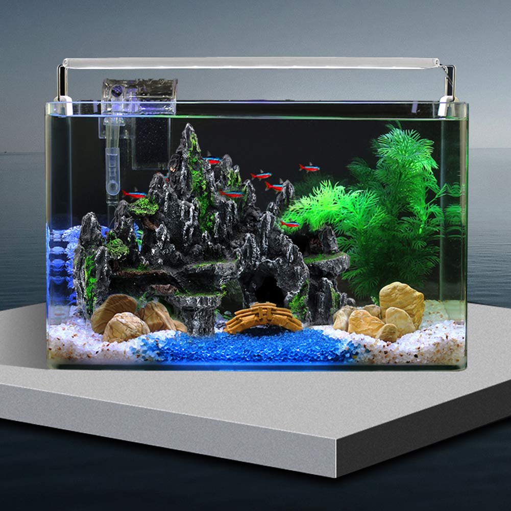 Pakykai Large Fish Tank Decorations, Mountain View Aquarium Ornament With Tree House Cave Bridge Artificial Plastic Plants Aquarium Decorations