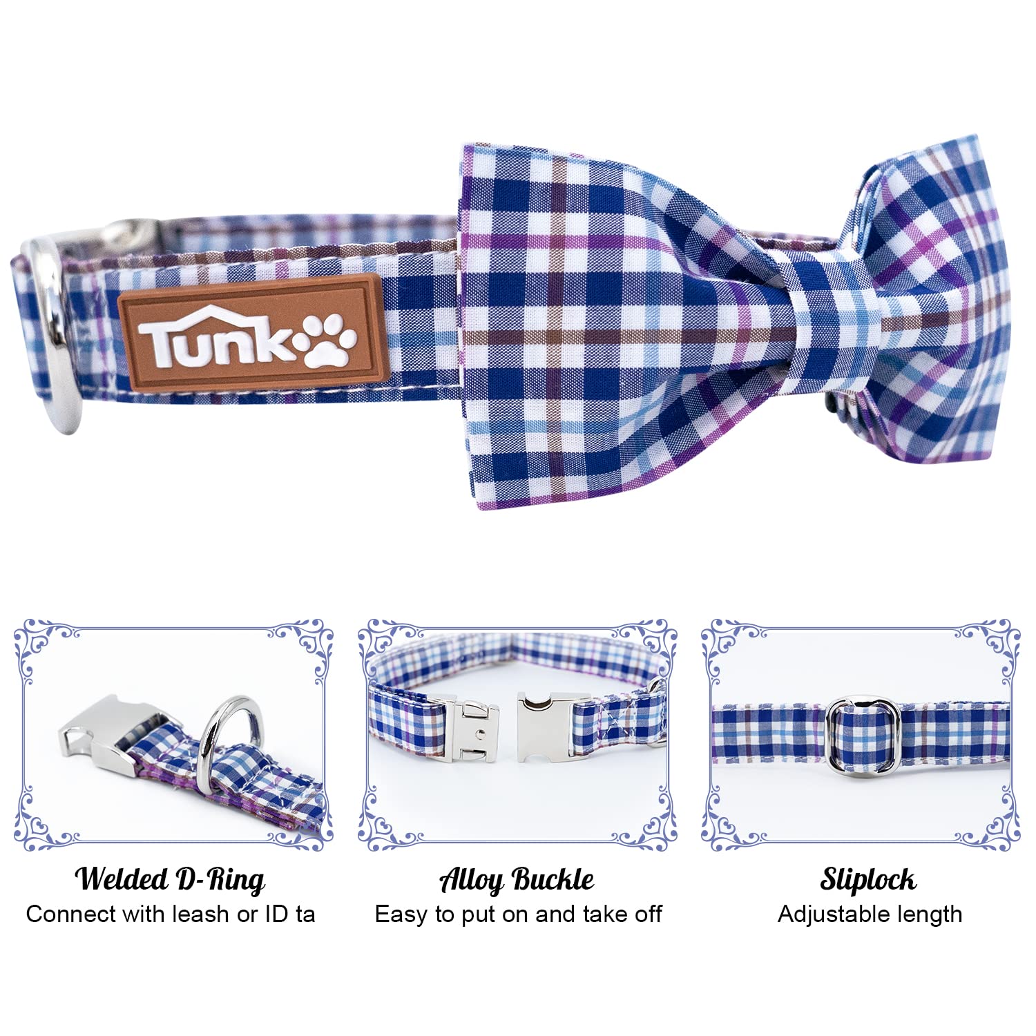 Tunkoo Dog Collar With Bow Tie Elegant Plaid Soft Comfy Cotton Adjustable Collar Premium Metal Buckle,Small Medium Large Puppy C