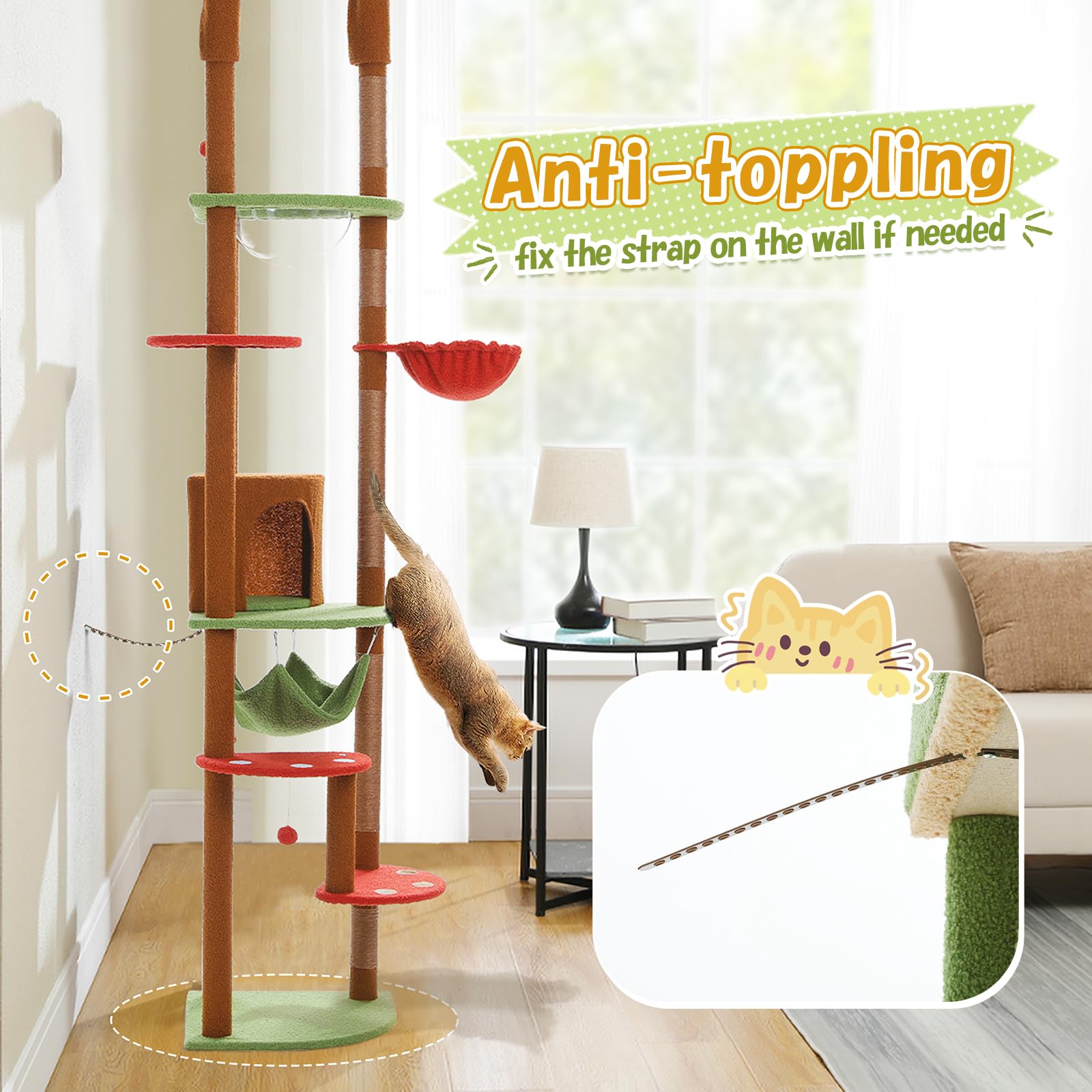 Pequlti Floor To Ceiling Cat Tree 92.9-101.6 Height Adjustable Mushroom Cat Tower Tall Climbing Play House With Scratching Posts