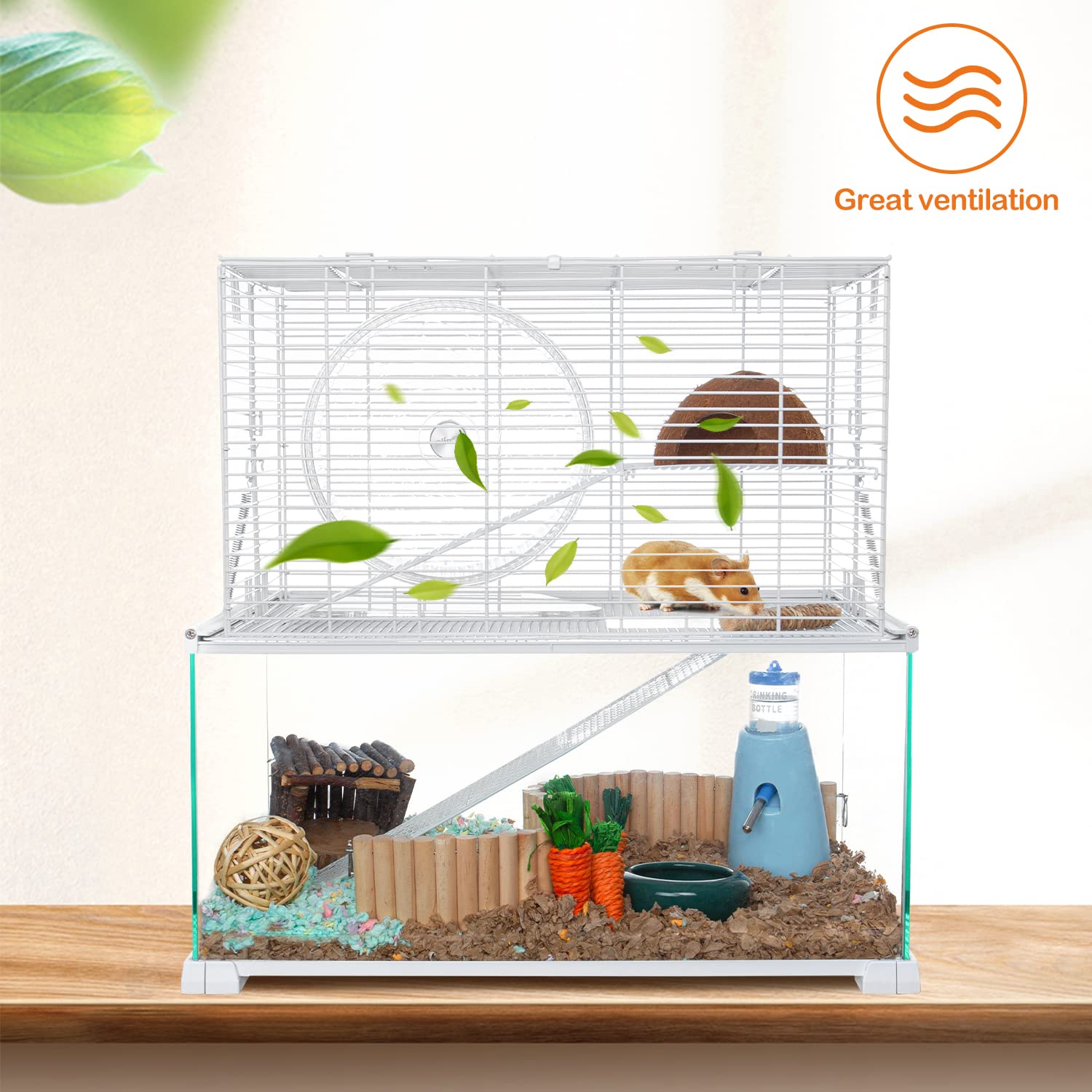Oiibo 3 Tiers Large Hamster Cages Glass, Heightened Wire Topper With Two Shelf And Two Ladders Ramps, Openable Top, Easy To Clea