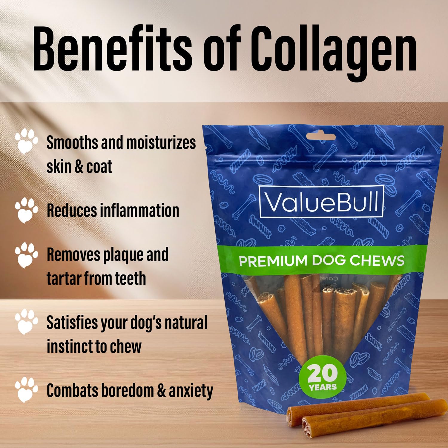 ValueBull Buffalo Collagen Sticks for Dogs, 6 Inch Thick Chews, Natural Long-Lasting Dog Treats, 200 Count Bulk Pack - Supports