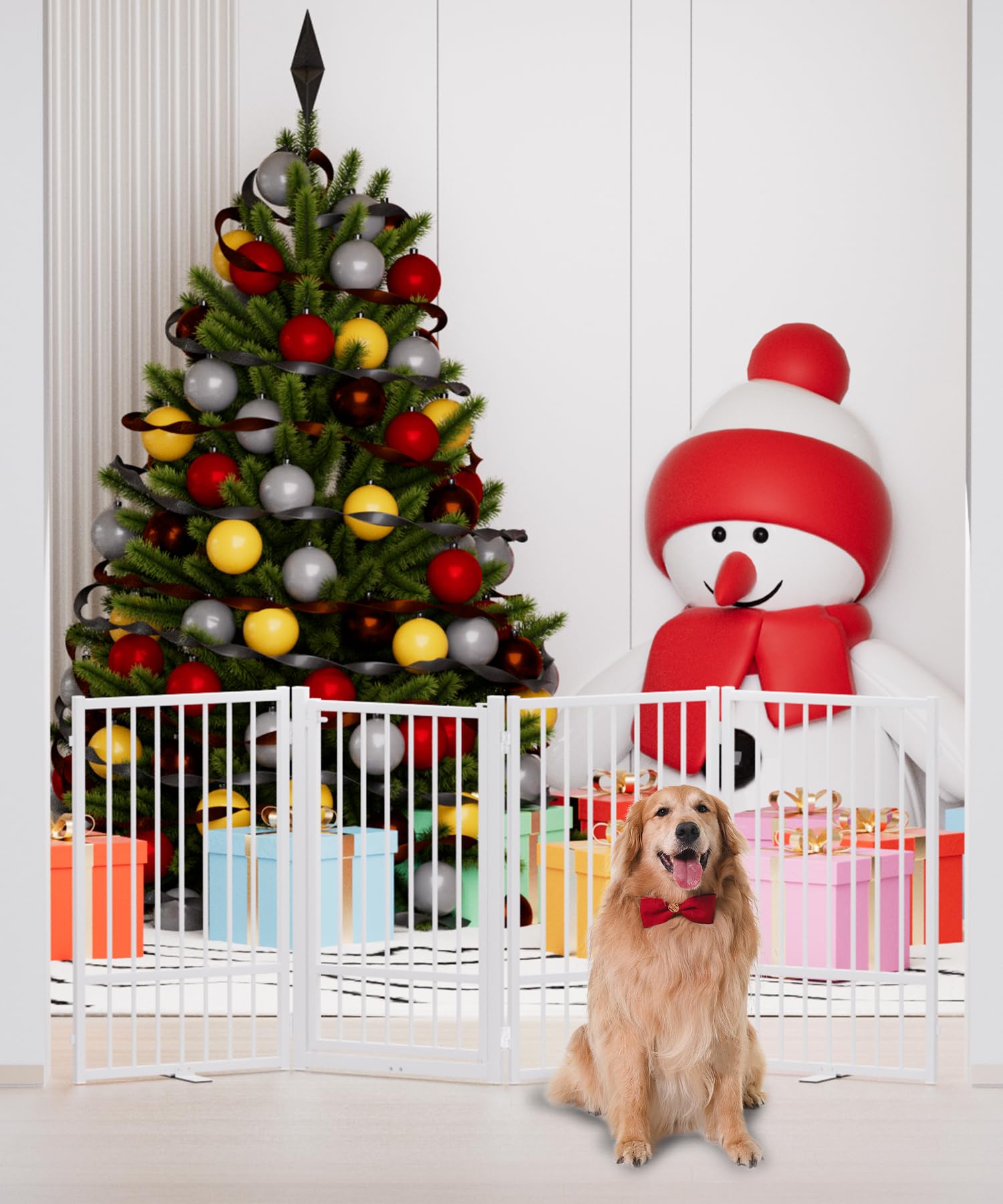 Snuowu Full Metal Freestanding Dog Gate with Door, 80"W x 32"H, White, 4 Panels for Indoor & Outdoor Use