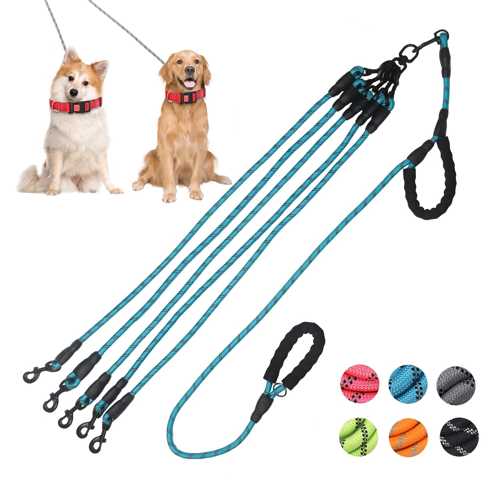 Five Reflective Leash - 360 Anti-Tangle & No Pull, 5 Way Handle For Small & Medium Dogs (Blue)