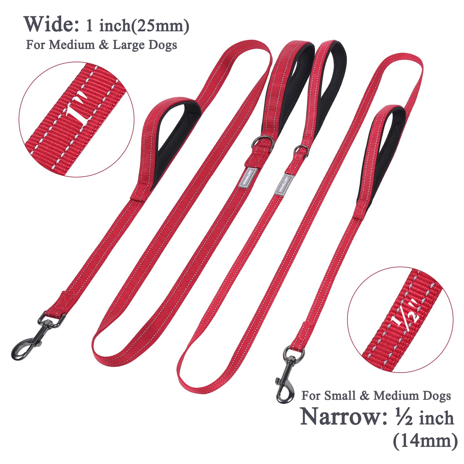 Vivaglory Traffic Handle Dog Leash, Two Padded Soft Handles Dog Leash, Strong Reflective & Metal Hook Training Dog Lead, Red