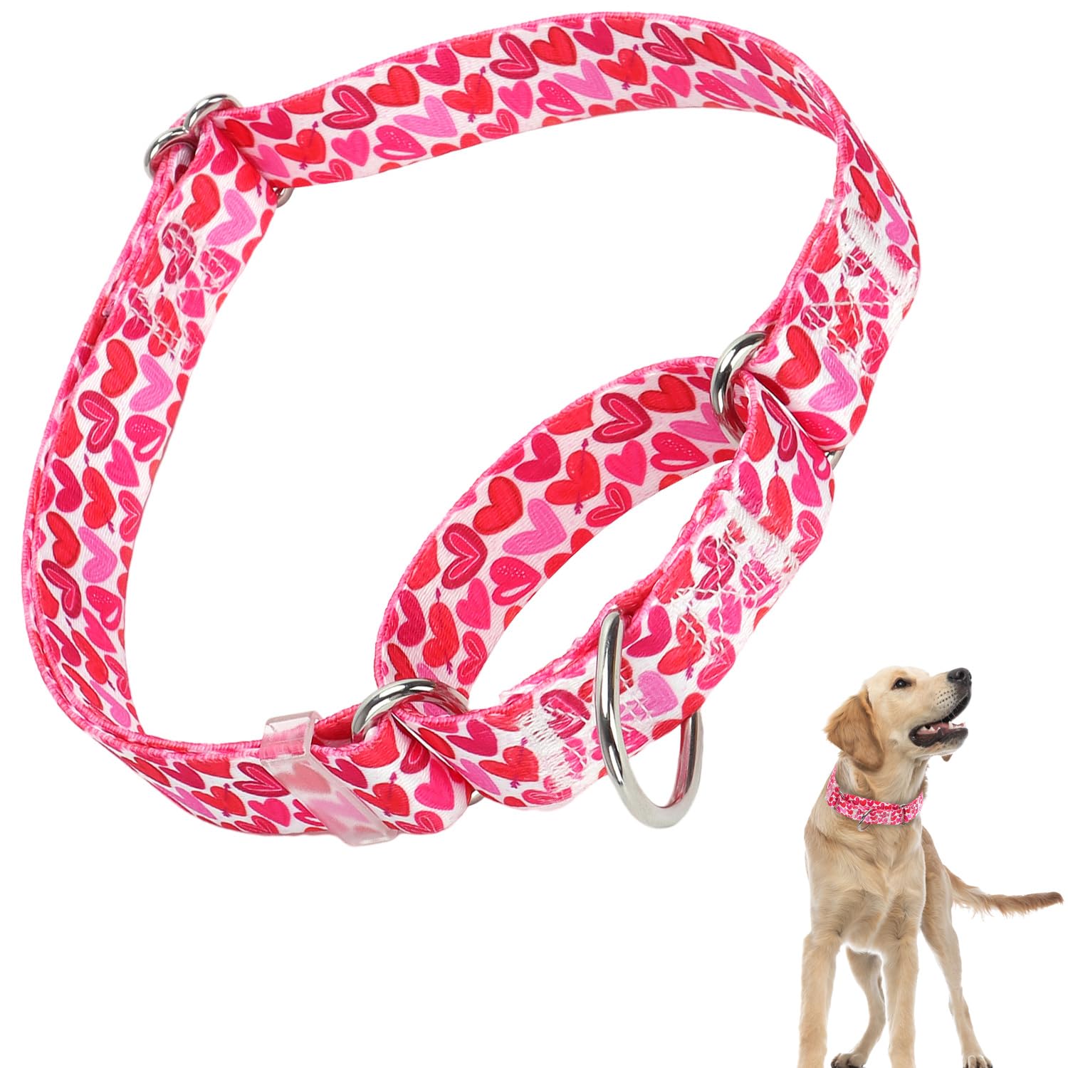 Pink Martingale Dog Collar For Medium Large Dogs, Heavy Duty Adjustable Collar With Heart Love Design, No Slip Collar For Girl O
