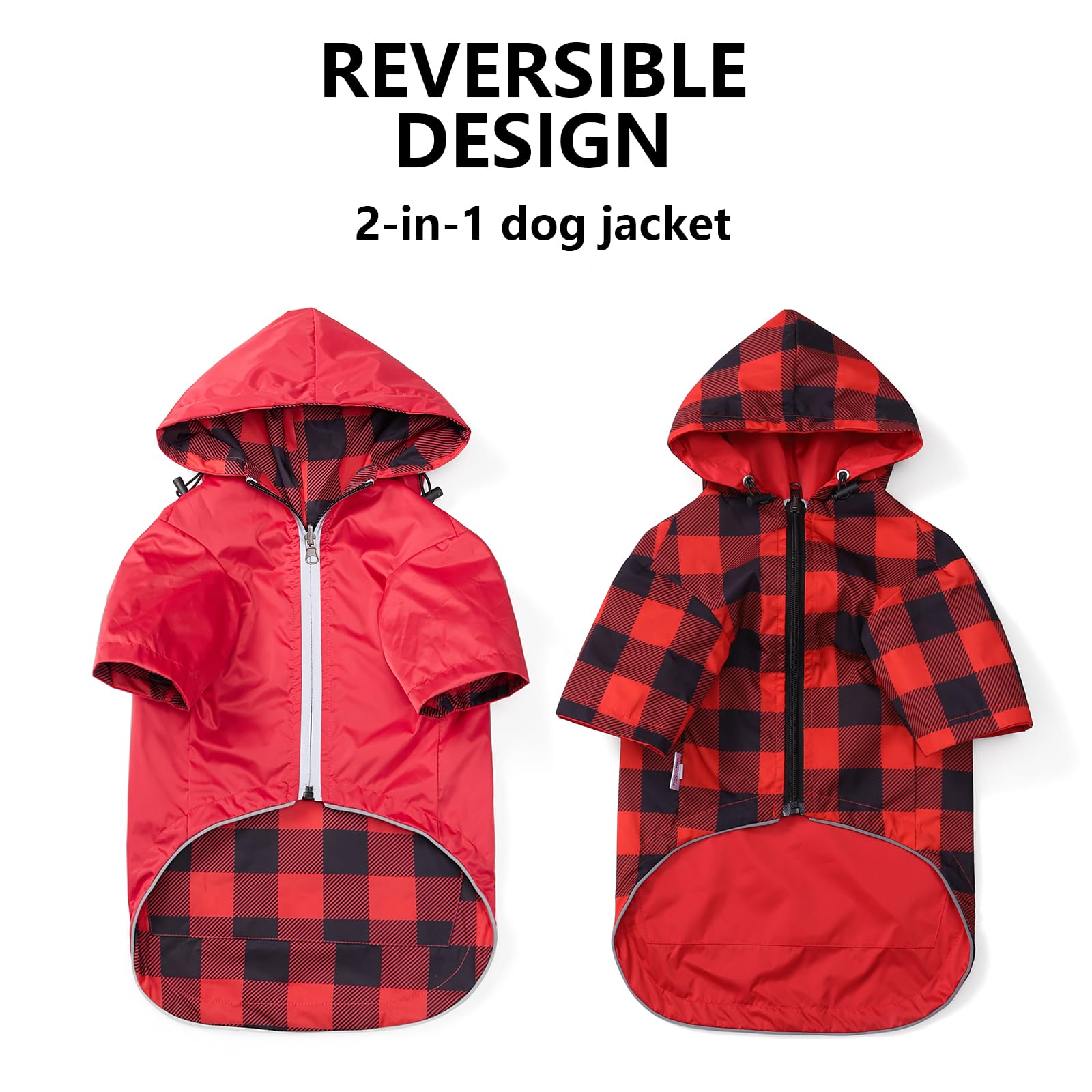 Dog Raincoat Dogs Waterproof Reversible Rain Jacket Dog Small Medium Breeds Reflective Zipper Storage Pocket Harness Hole - Red