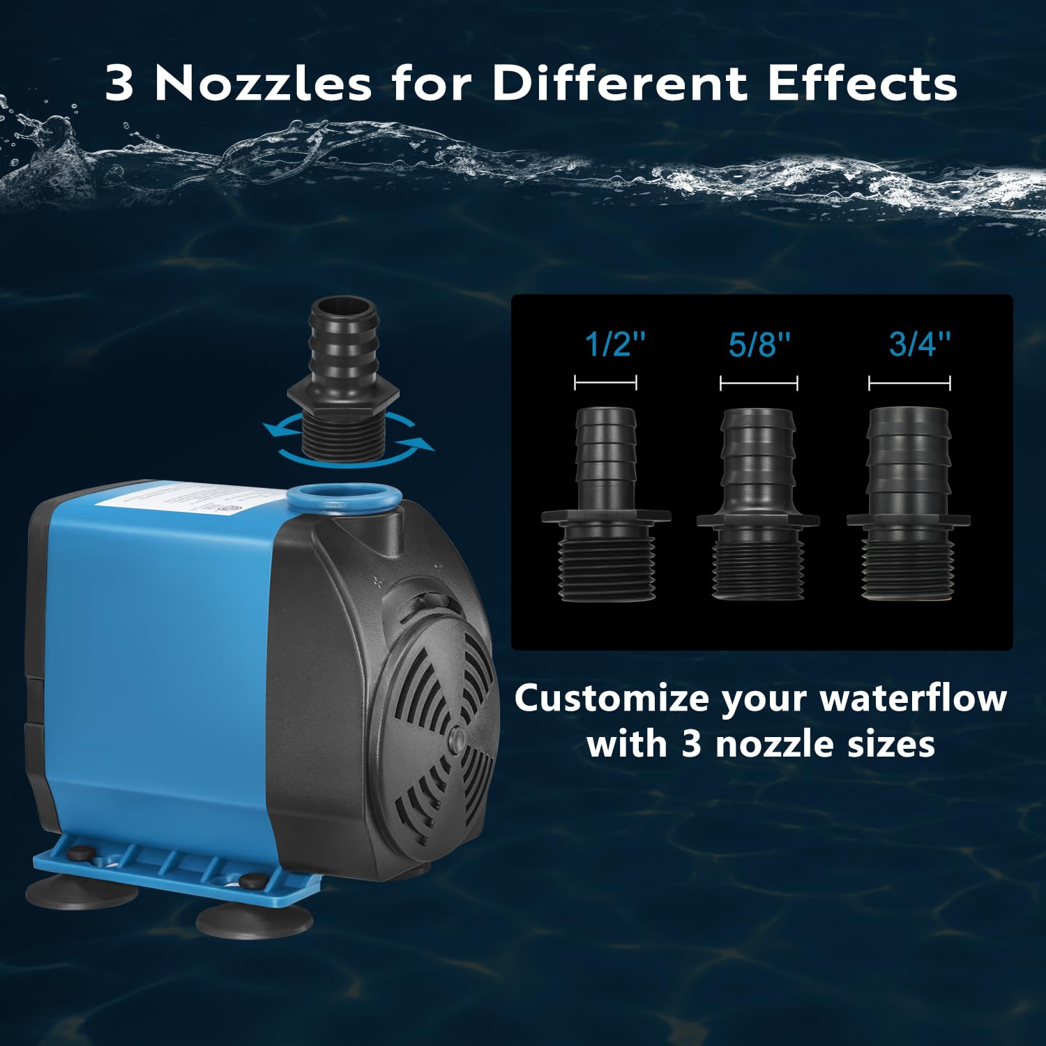 TONGCHANT 800GPH Adjustable Flow Water Fountain Pump Outdoor with 3 Nozzles (1/2, 5/8, 3/4), 60W Ultra-Quiet Fish Tank Pump, 10f