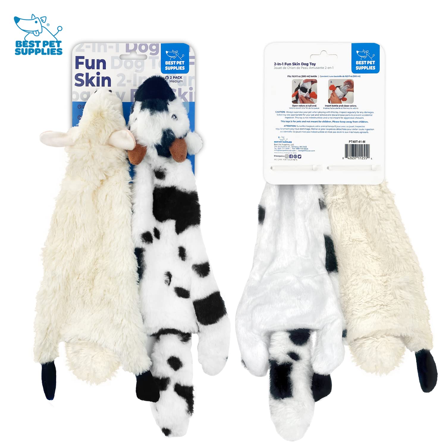 Best Pet Supplies 2-In-1 Stuffless Squeaky Dog Toys With Soft, Durable Fabric For Small, Medium, And Large Pets, No Stuffing For Indoor Play, Holds A Plastic Bottle - Sheep, Cow, Medium