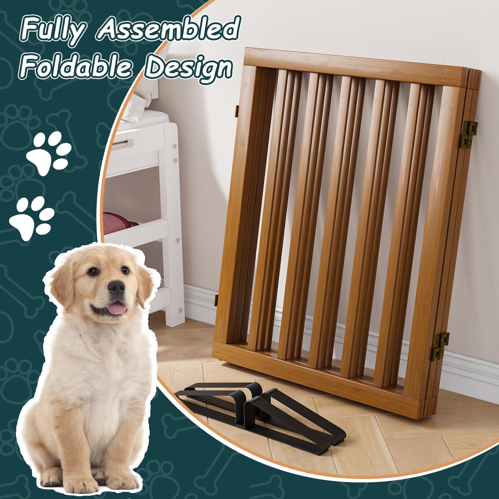 Semiocthome Walnut Bamboo Dog Gates Barriers Indoor,3-Panel Freestanding Puppy Gates for The House with 2 Metal Stands,24  H Fol