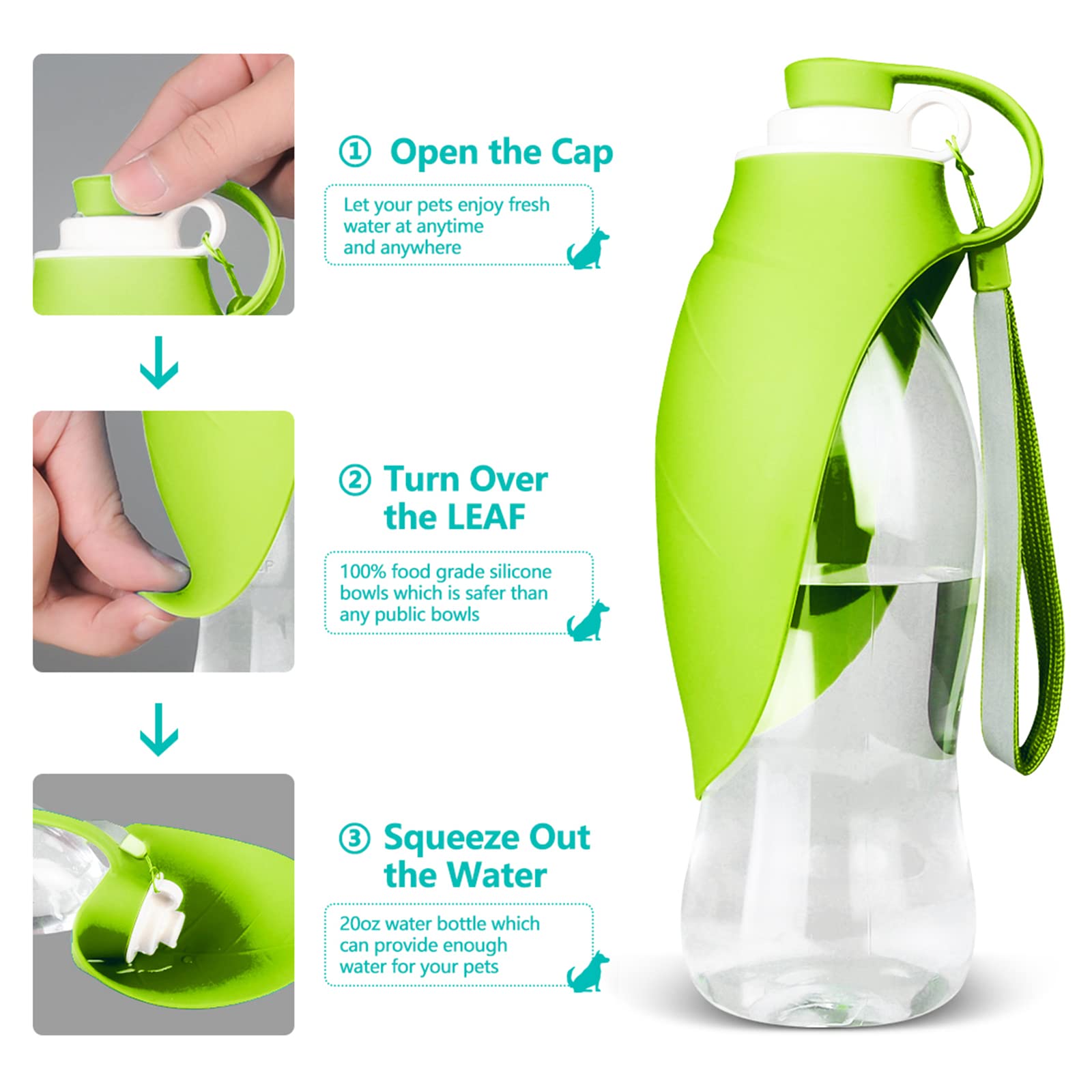 Tiovery Dog Water Bottle, Portable Pet Water Dispenser Feeder Leak Proof With Drinking Cup Dish Bowl For Outdoor Walking, Hiking, Travel, 20Oz Water Bottle Fit For Small To Large Dogs And Cats Green