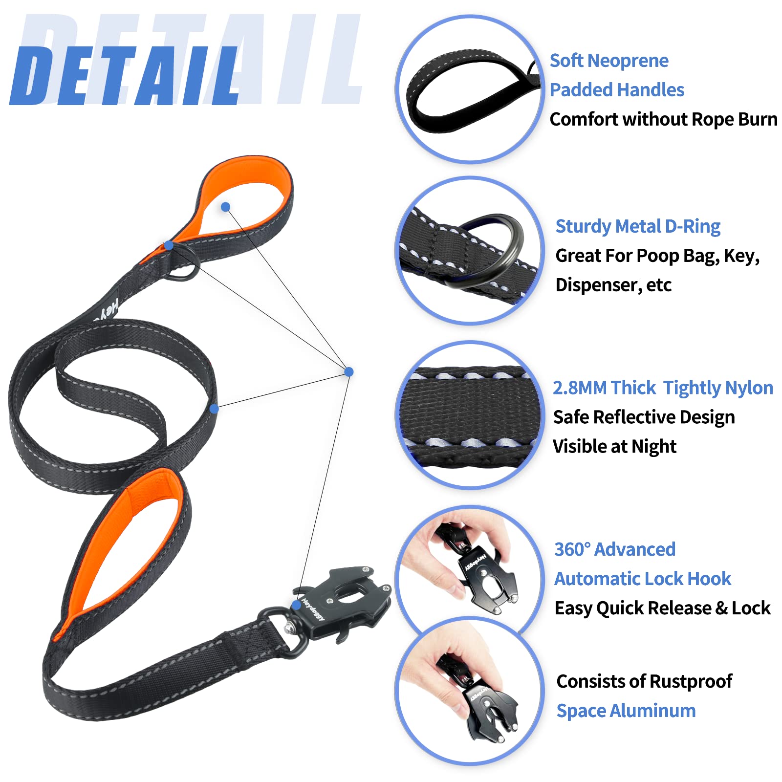 Strong Heavy Duty Dog Leash - 5Ft Reflective Nylon Training Leash With Soft Padded Double Handle & Auto Lock Frog Clip - Safety Traffic Control For Large Medium Small Dog No Pull Walk Black Orange,5Ft