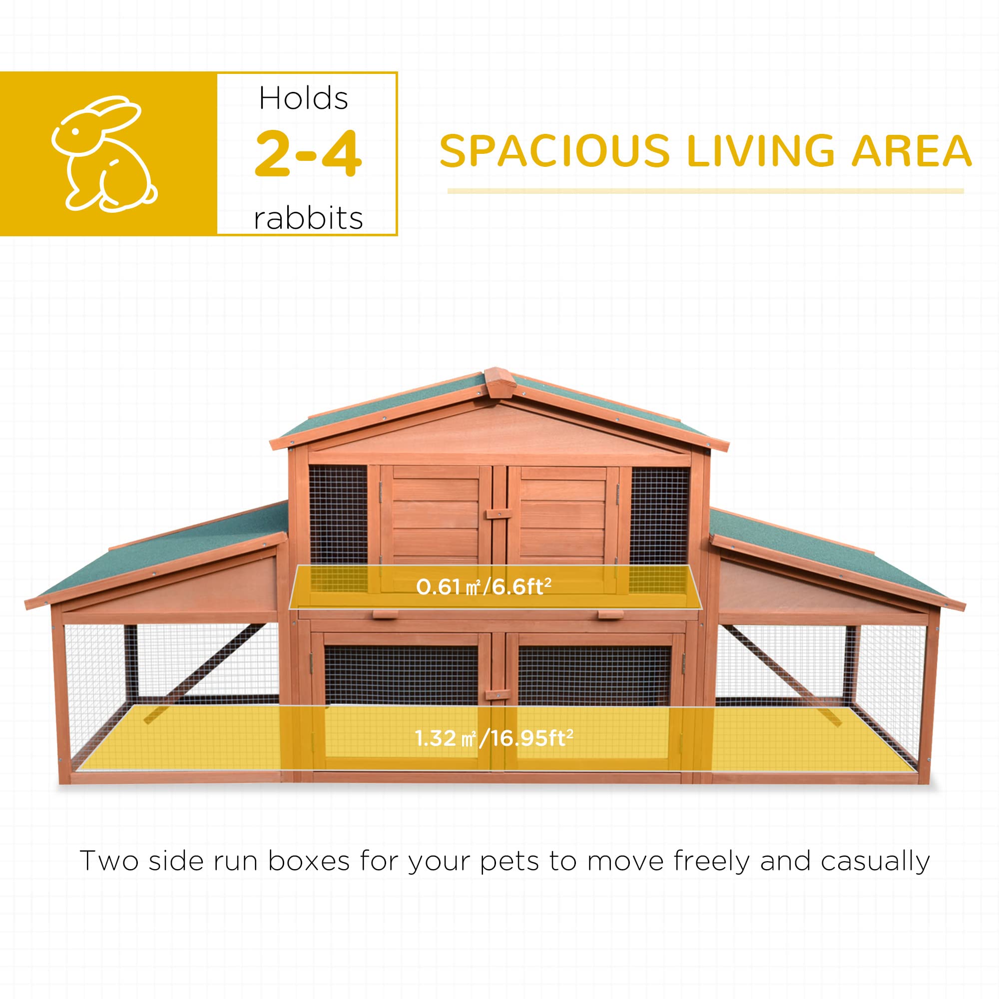 Pawhut 89' L Outdoor Rabbit Hutch, Guinea Pig Cage Indoor Outdoor Wooden Bunny Hutch With Double Runs, Weatherproof Roof, Removable Tray, Ramps, Natural