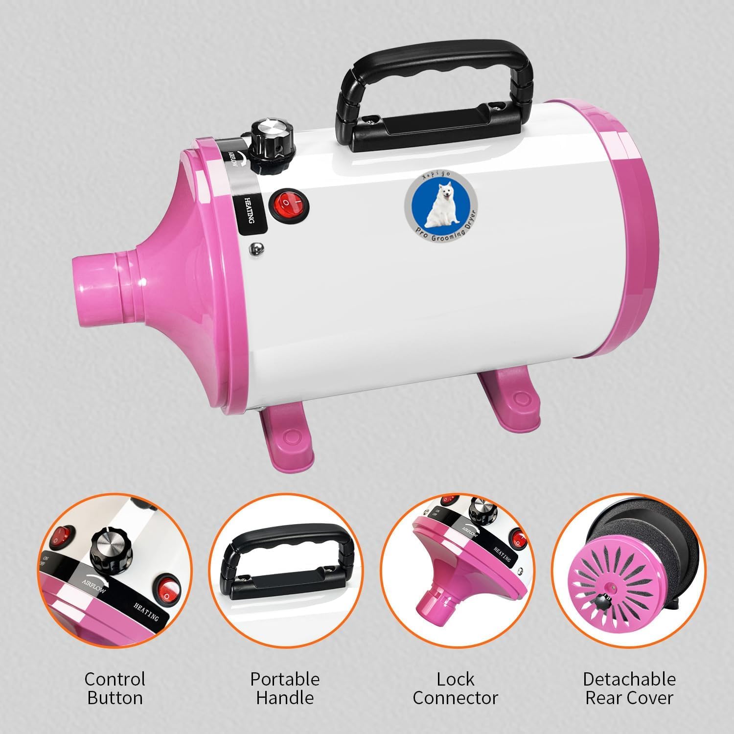 Xapigo High Velocity Dog Dryer - Adjustable Temperature & Speed, 4 Nozzles, White Pink, Model YC-001