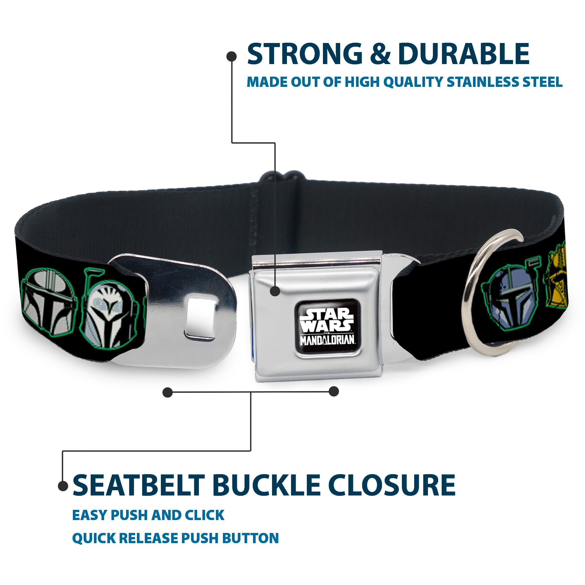 Star Wars Easy Adjustable Metal Seatbelt Buckle Quick Release Dog Collar, The Mandalorian Helmets, 13 To 17 Inches 1.5 Inch Wide